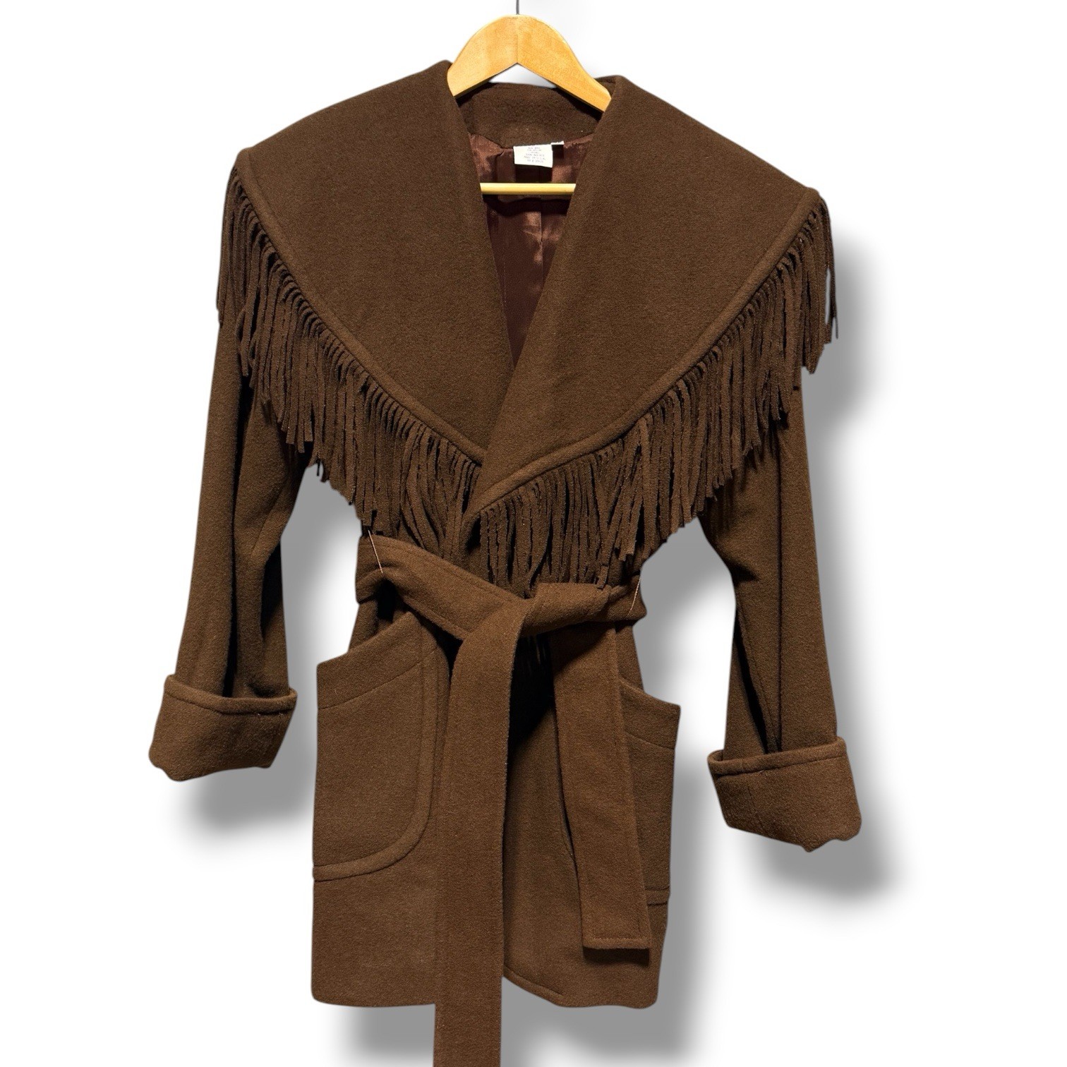 Vintage 80s Donnybrook Spiegel Wool Fringe Coat Womens 2P Brown Western Cowgirl