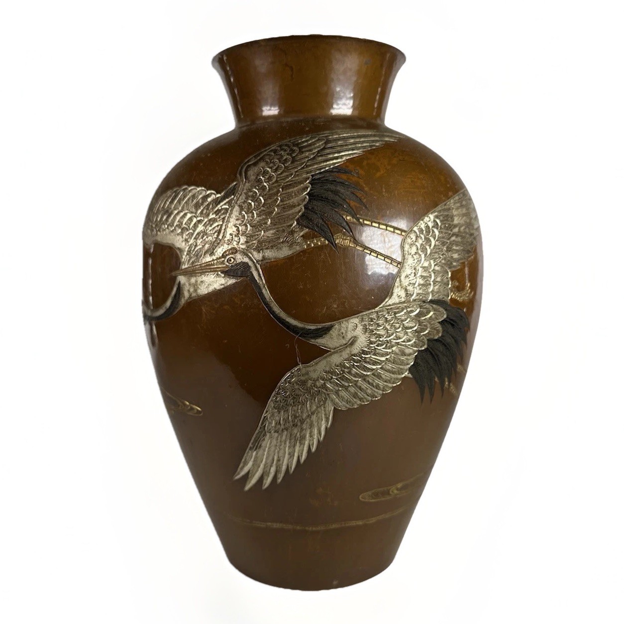 Antique Japanese Hand Tooled Hammered Copper Vase W Egrets Heron Signed Biho 美鳳 Antique Japanese Hand Tooled Hammered Copper Vase W Egrets Heron Signed Biho 美鳳