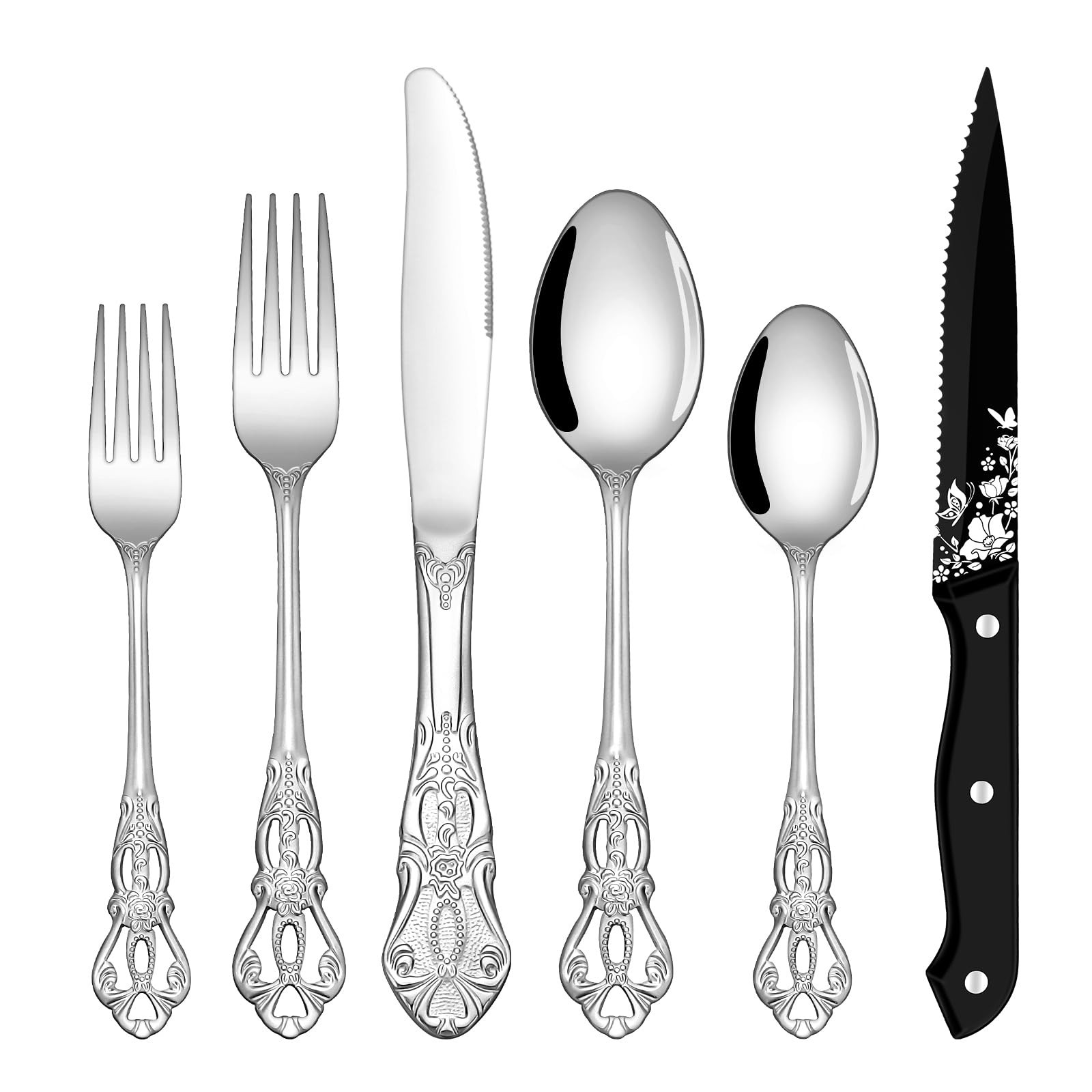 48 Piece Stainless Steel Silverware Flatware Set for 8 with Steak Knives Retro