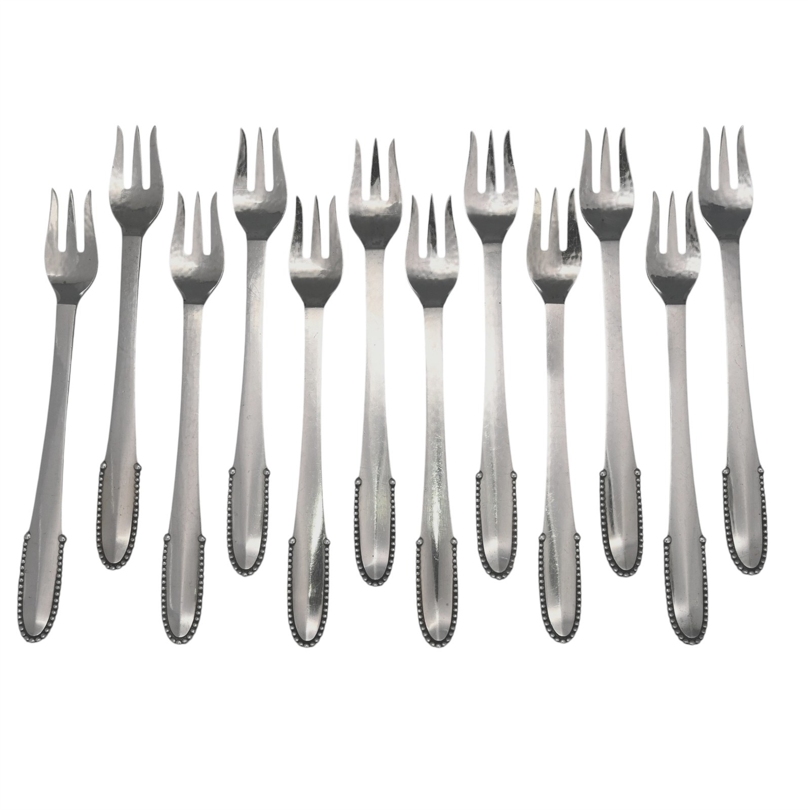 12 ANTIQUE DESIGNER GEORG JENSEN DENMARK BEADED SHRIMP FORKS STERLING SILVER SET