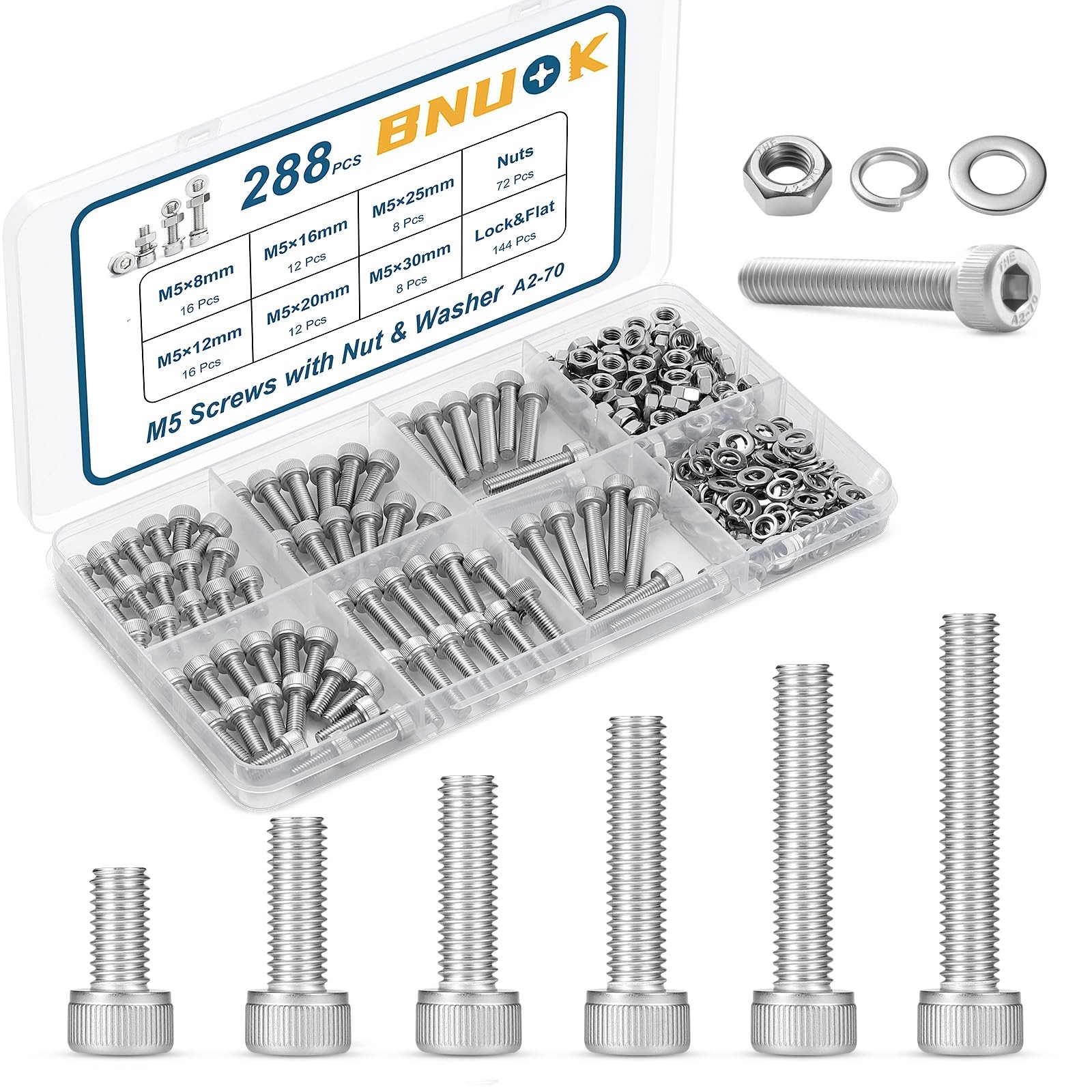 BNUOK 288 PCS M5 Screws Assortment Kit, 304 Stainless Steel M5 Bolts Kit, M5x... BNUOK 288 PCS M5 Screws Assortment Kit, 304 Stainless Steel M5 Bolts Kit, M5x...