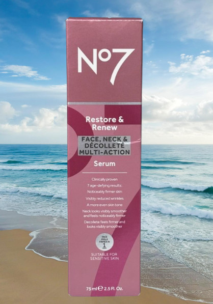 NO7 RESTORE & RENEW SERUM FIRMS FACE NECK & DECOLLETE MULTI ACTION SERUM 2.5 OZ.