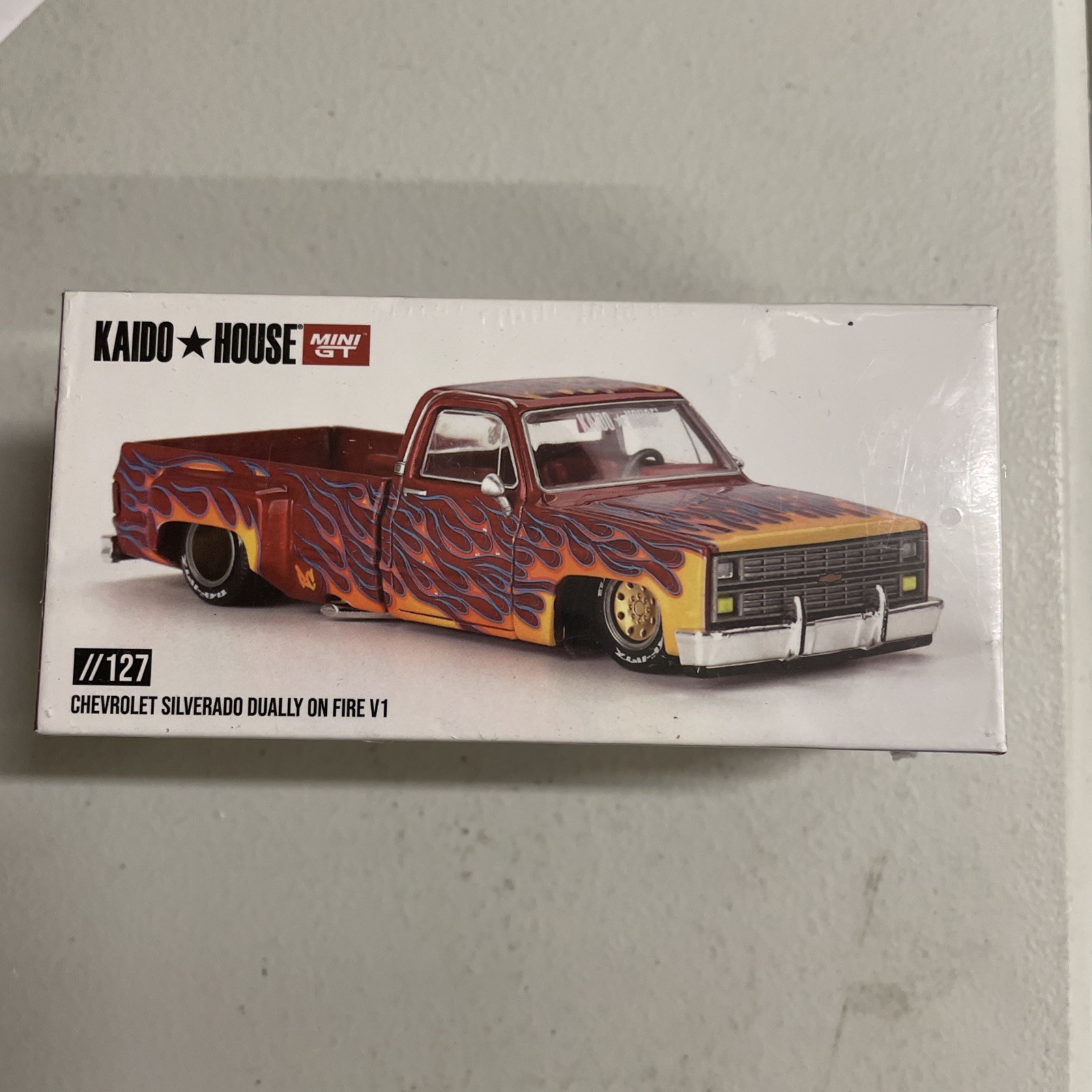 Kaido House x Mini GT Chevy Silverado Dually On Fire V1 KHMG127 1/64