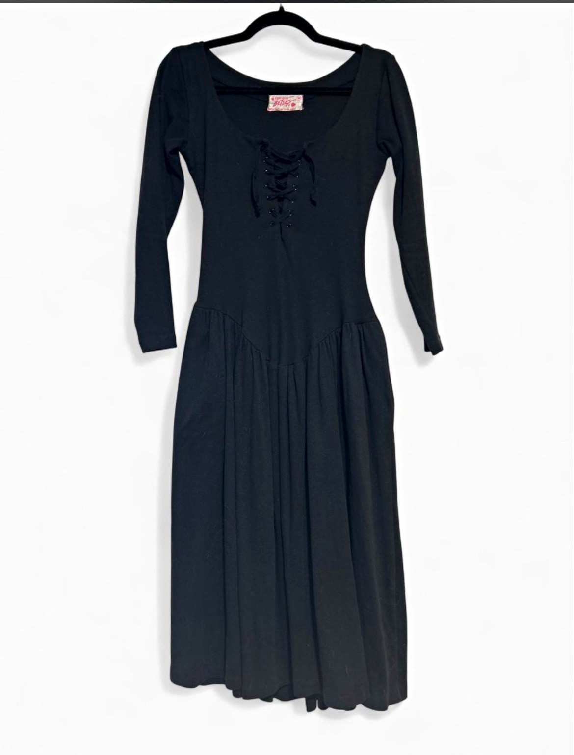 Vintage Betsey Johnson Black Cotton Lace Up Long Sleeve Midi Dress Vintage Betsey Johnson Black Cotton Lace Up Long Sleeve Midi Dress