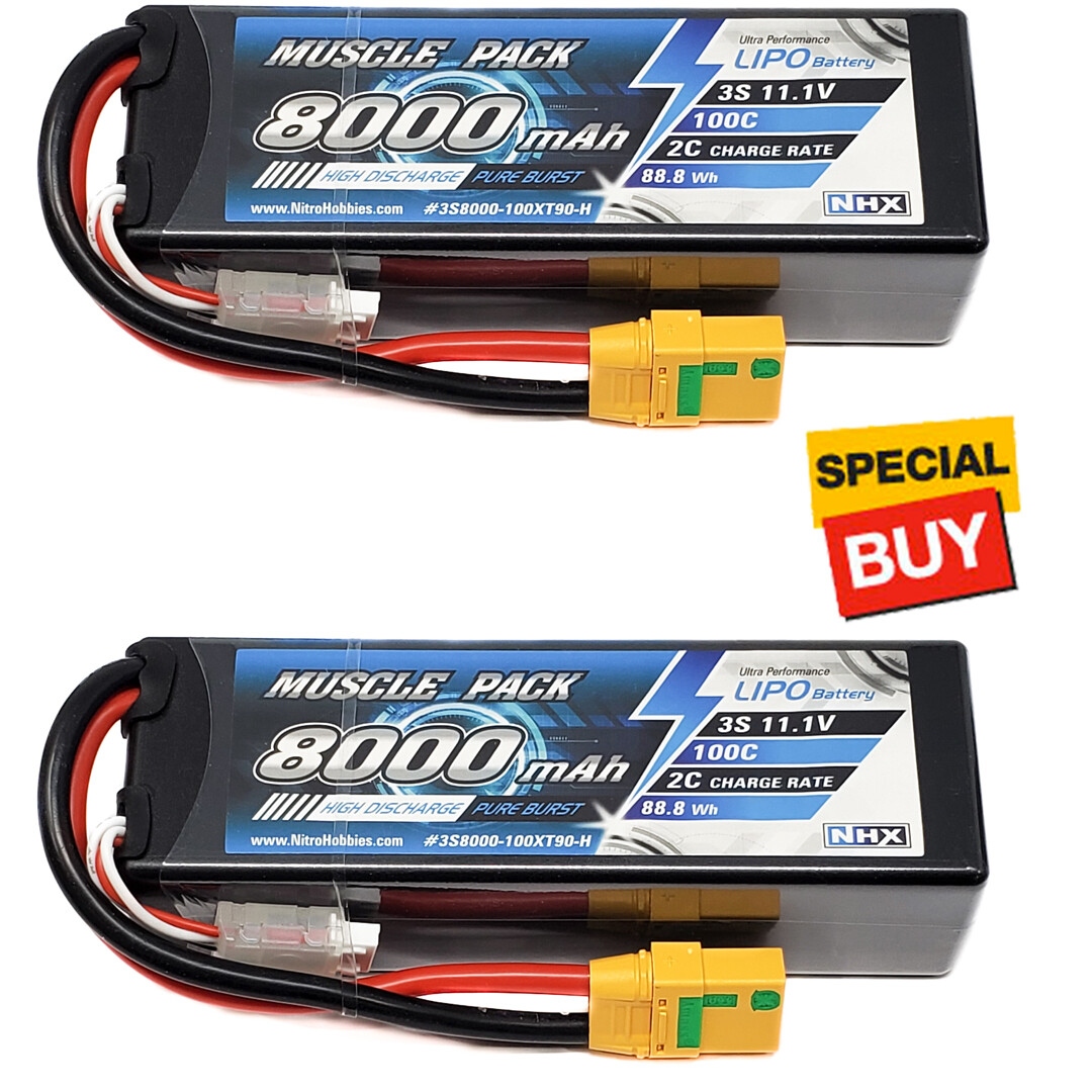 NHX Muscle Pack 3S 11.1V 8000mAh 100C Hard Case Lipo Battery (2) w/ XT90 Connctr