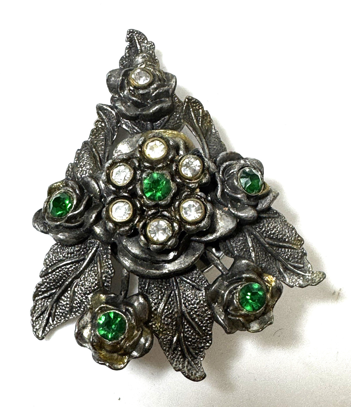 Little Nemo Vintage Brooch 1940s Signed LN/25 Pot Metal Green Rhinestone