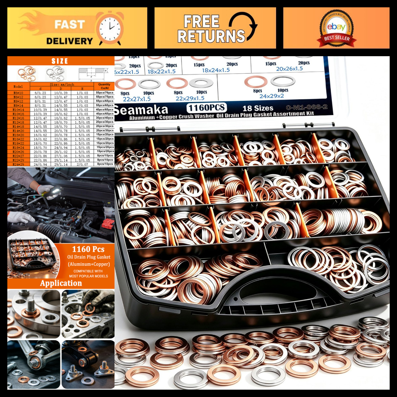 1160PCS Oil Drain Plug Crush Washers Kit - 18 Sizes Copper & Aluminum Gaskets