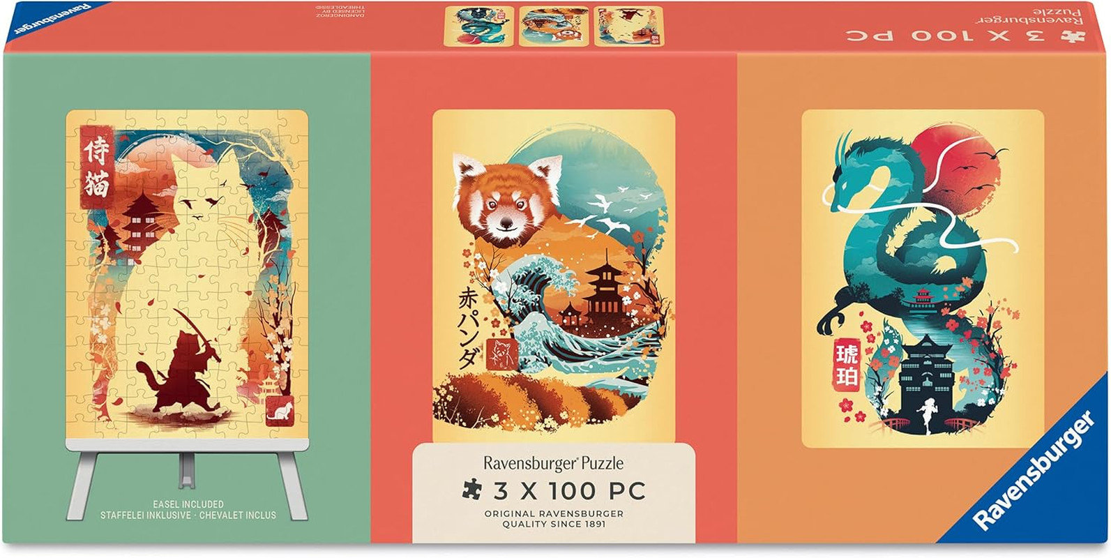 Ravensburger Cat Warrior, Red Panda & Dragon 100 Piece Mini Puzzle New Toy Gift