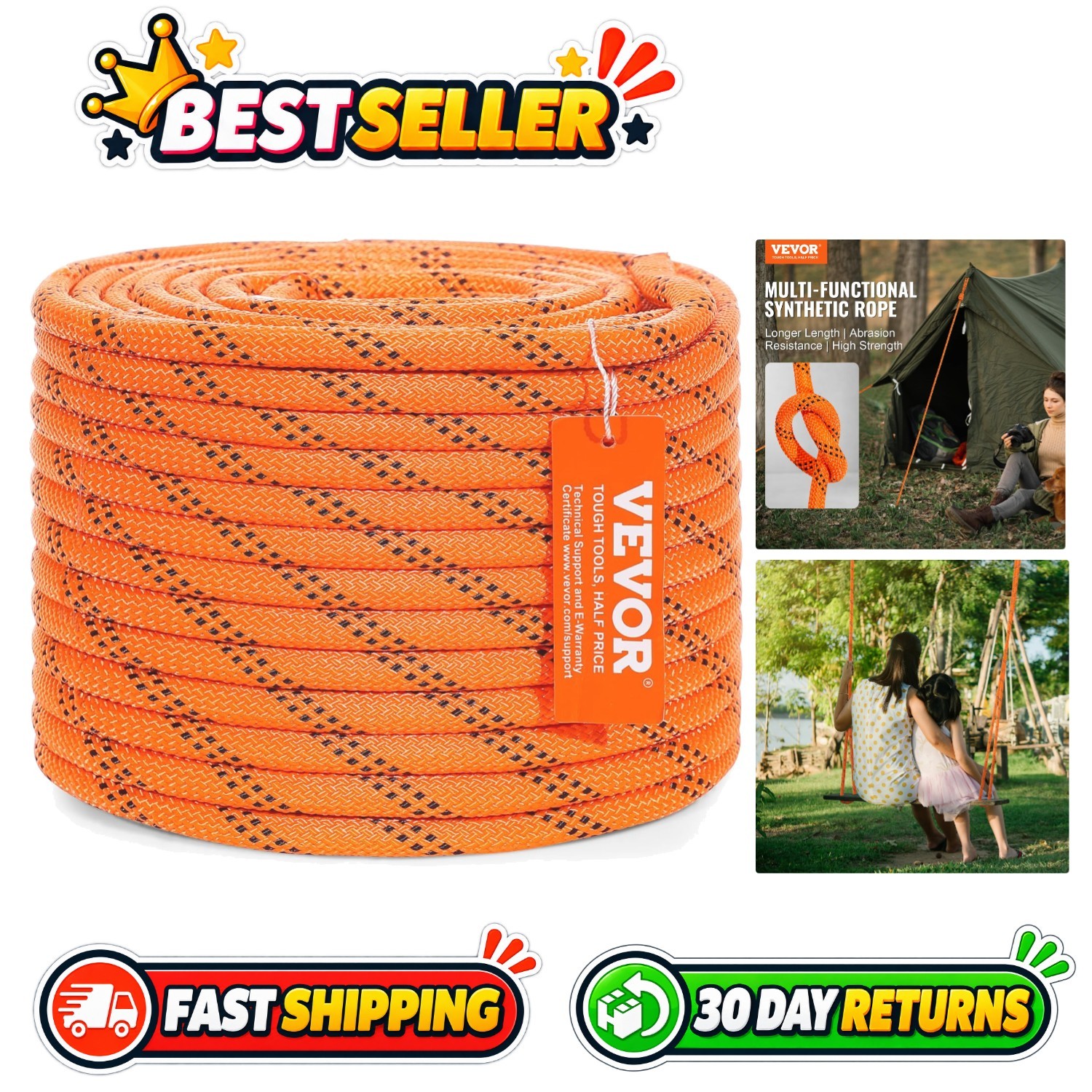 Double Braided Polyester Rope 3/8 x 120 ft, 4000 lbs Breaking Strength, Outdo...