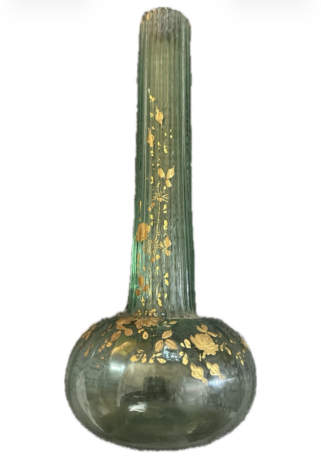 Antique Moser Bohemian Green Fluted Art Glass Vase Gold Floral  11” Unmarked