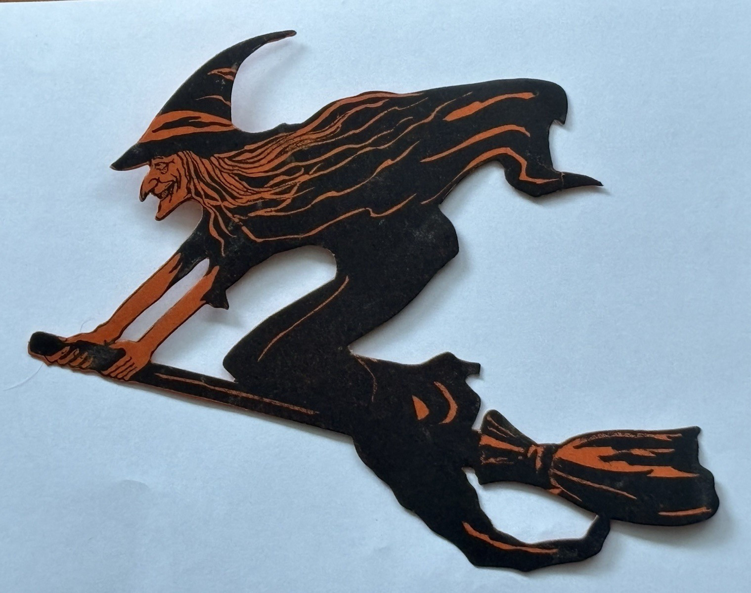 Vintage 1930’s Beistle Halloween Witch on Broom Paperboard Die Cut Decor Vintage 1930’s Beistle Halloween Witch on Broom Paperboard Die Cut Decor