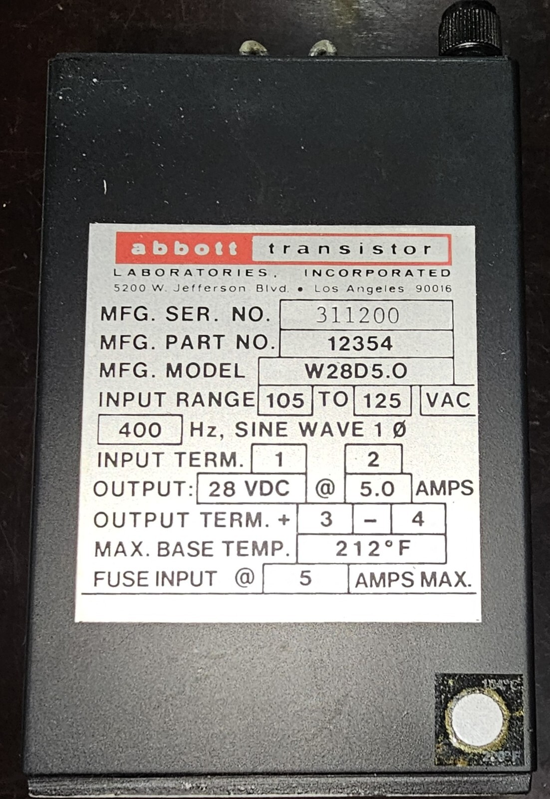 Abbott 12354 Transistor Model W28D5.0 Input:125VAC 400Hz. Output: 28VDC@5.0A NEW Abbott 12354 Transistor Model W28D5.0 Input:125VAC 400Hz. Output: 28VDC@5.0A NEW