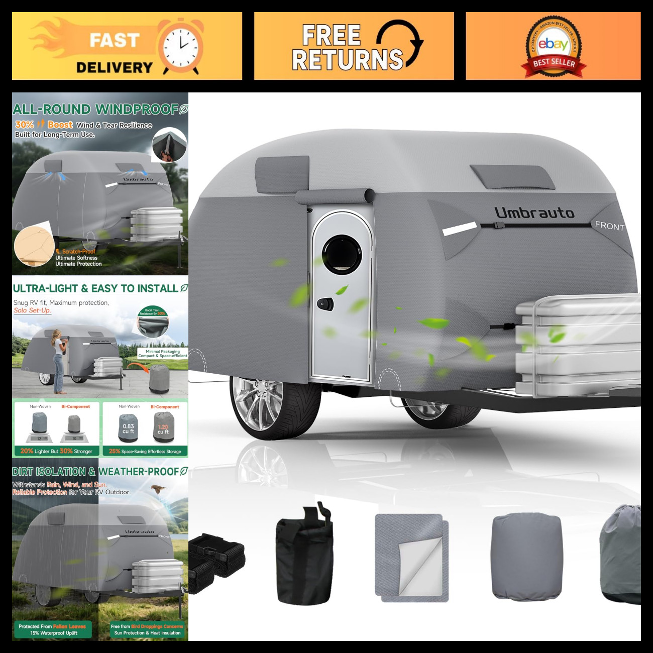 Heavy Duty Waterproof Teardrop Trailer Cover 10'-12' | 9 Layers, Windproof Strap