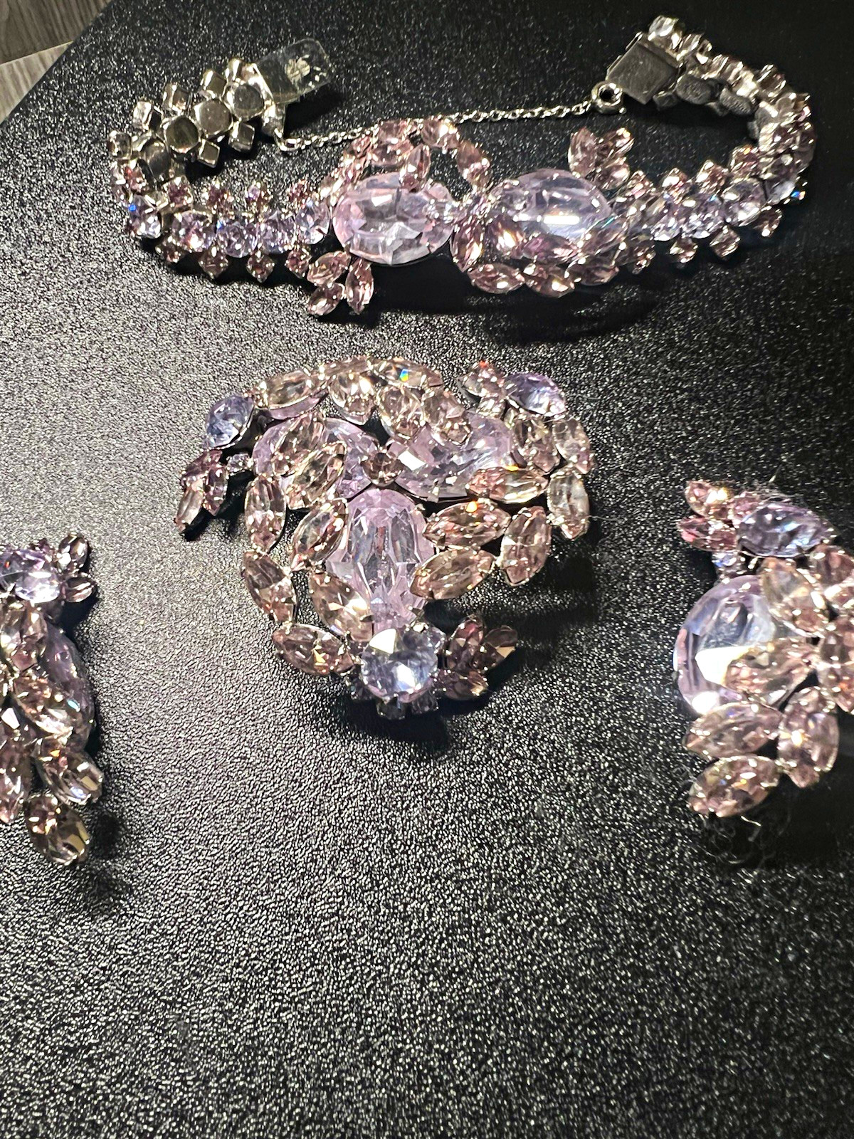 Sherman Signed Pink and Blue Crystal Jewel Set Bracelet Brooch Clip-On Earrings Sherman Signed Pink and Blue Crystal Jewel Set Bracelet Brooch Clip-On Earrings