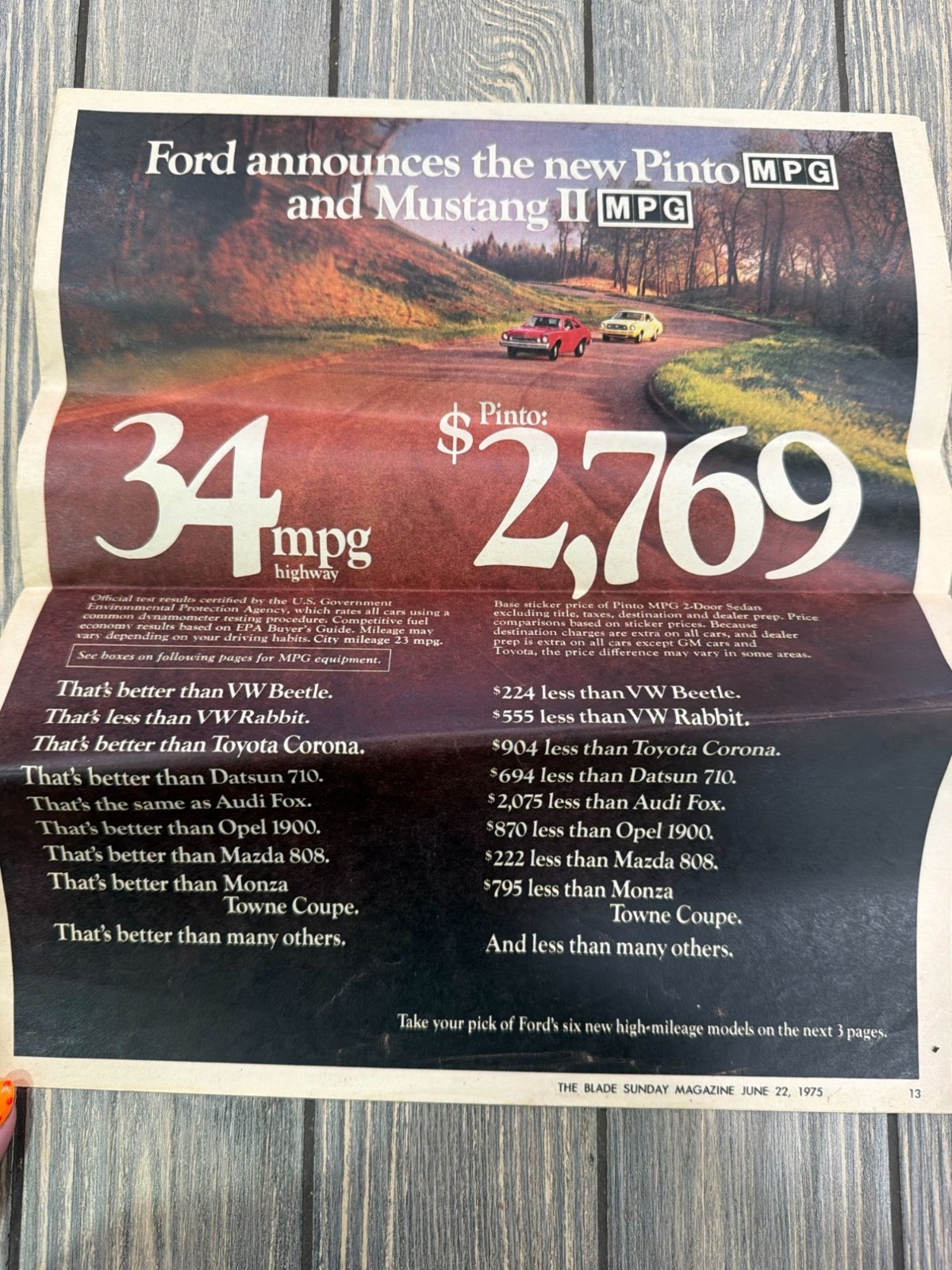 Vintage 1975 Ford Mustang II & Pinto MPG Print Ads The Blade Magazine June 22 19