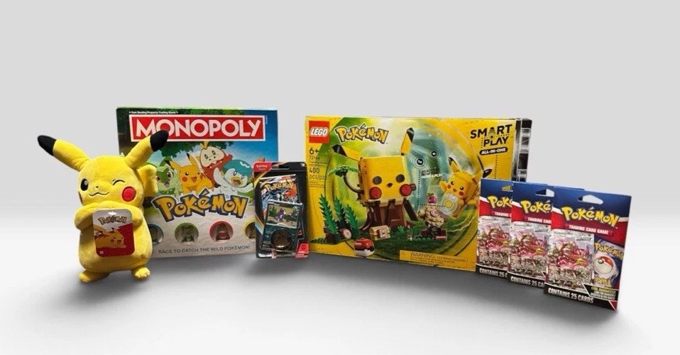 New Pokemon TCG Gift Set - Pikachu Plushie, Lego, Monopoly, & 75 Cards (3 Foils)