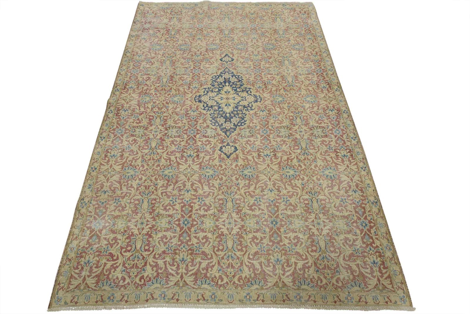 Kermani Rug 5’6” x 8’6” Red Wool Vintage Distressed Hand-Knotted Oriental Carpet