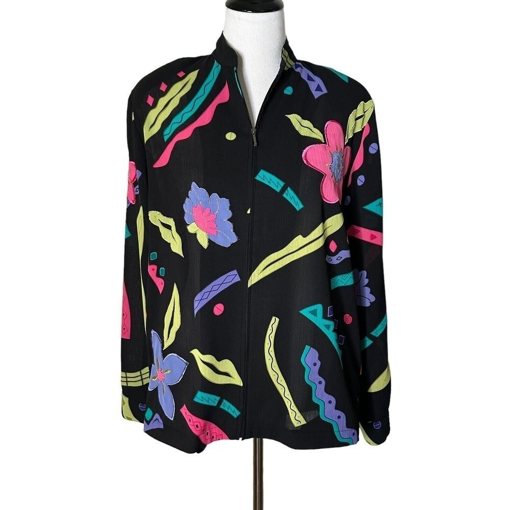 Vintage 80s 90s Neon Abstract Floral Full Zip Jacket Alfred Dunner Pockets 8 Vintage 80s 90s Neon Abstract Floral Full Zip Jacket Alfred Dunner Pockets 8
