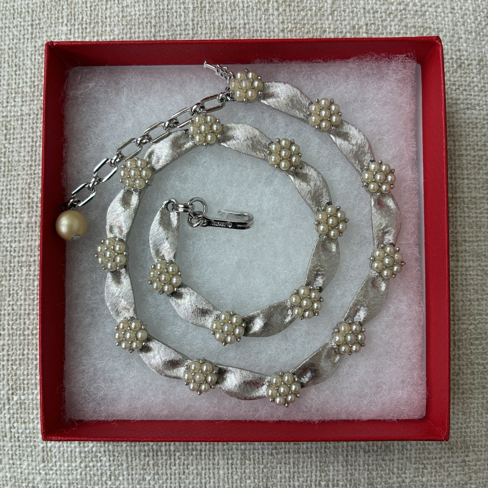 Crown Trifari Necklace Birthday Ribbon Choker Faux Pearl Silver Tone 15” VTG