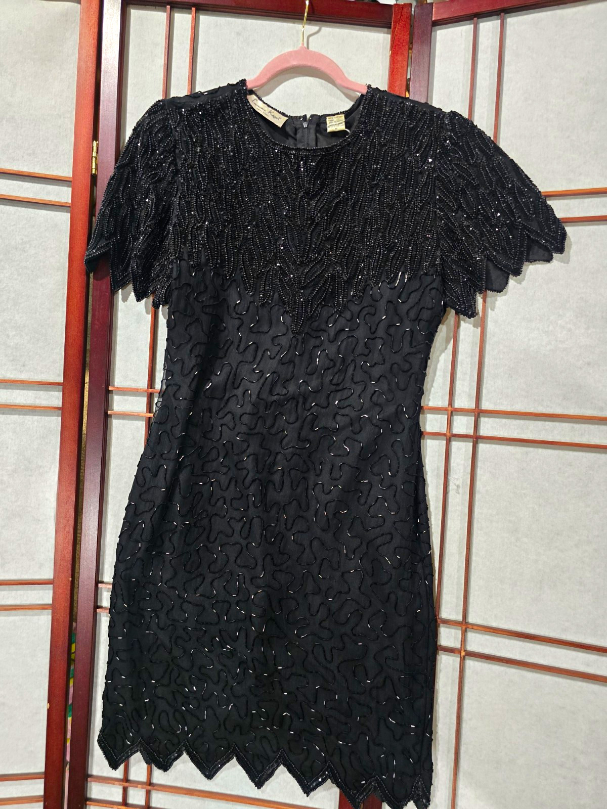 Laurence Kazar New York Black Beaded Sequin Sheath Knee Dress M Cap Sleeve