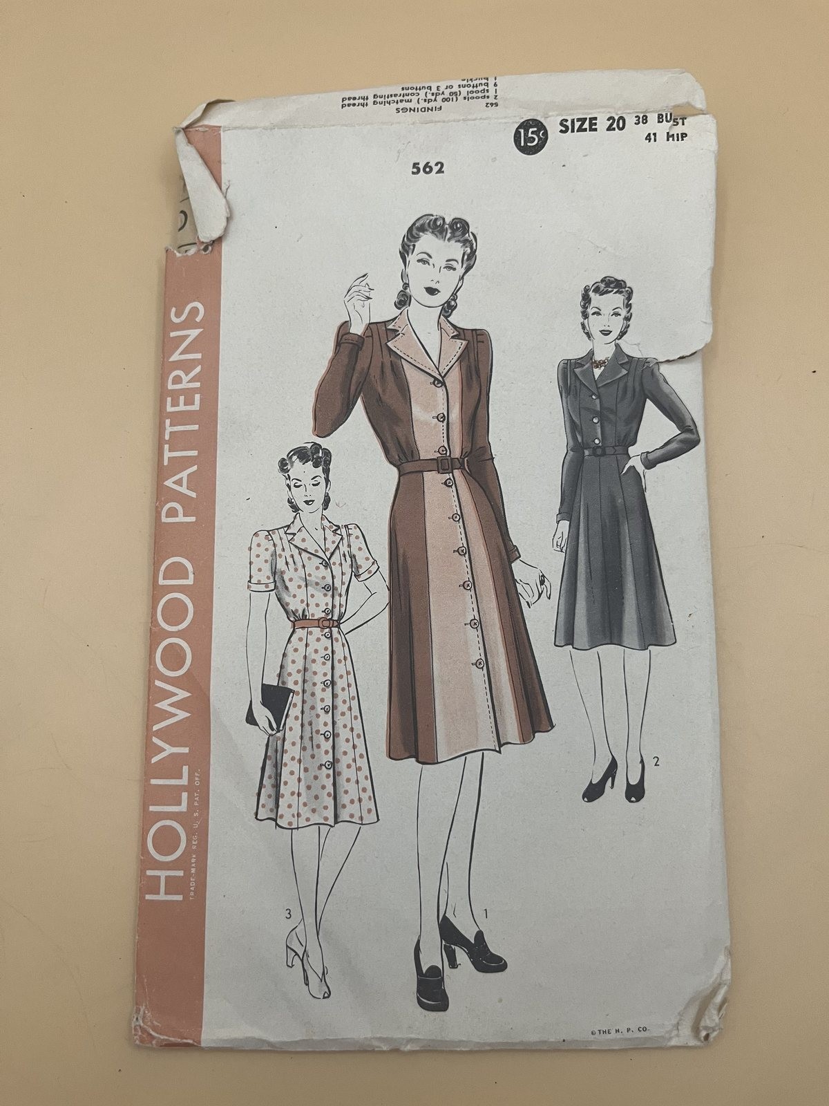Vintage 1940s Hollywood Pattern 562 Button Front Dress Size 20 Bust 38 Sewing