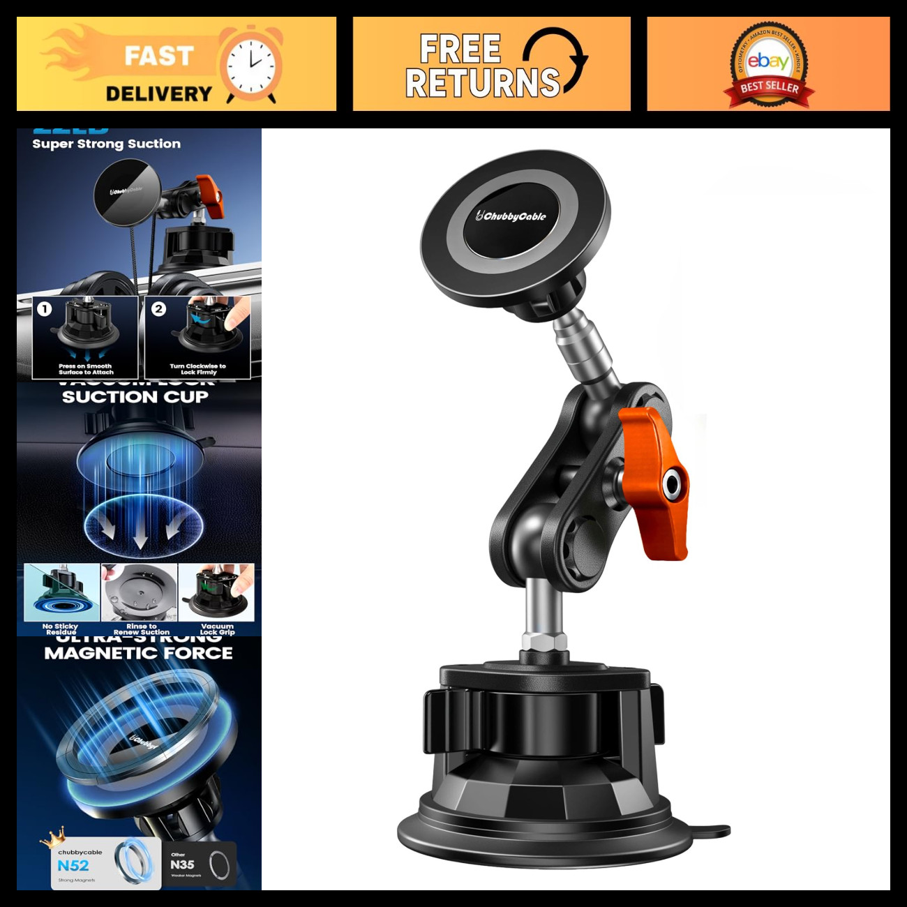 Magnetic Car Phone Mount with Heavy-Duty Suction Cup & ChubbyGrip Design