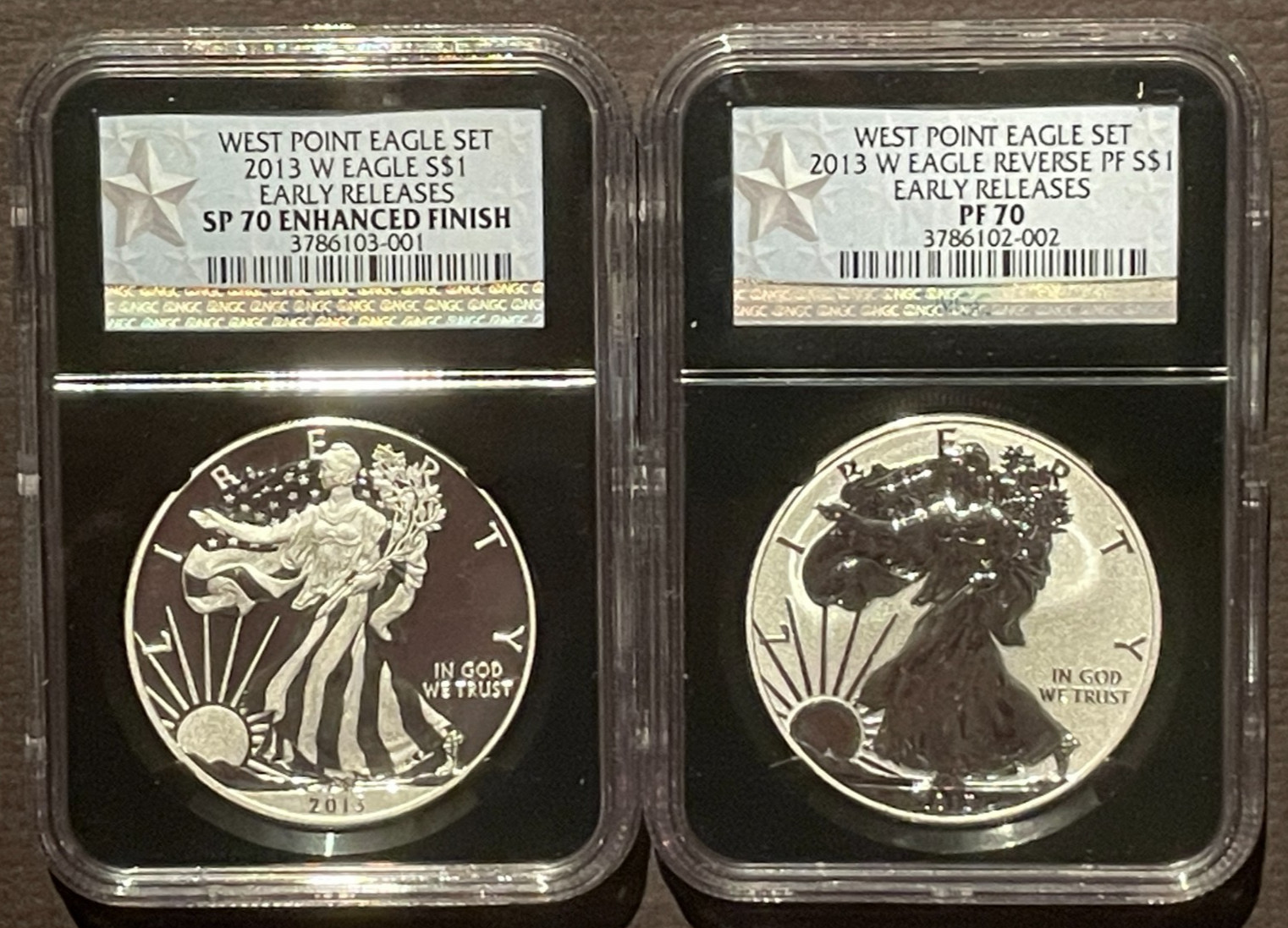 2013-W $1 SILVER AMERICAN EAGLE WEST POINT SET NGC PF70 SP70 ER : 07567L