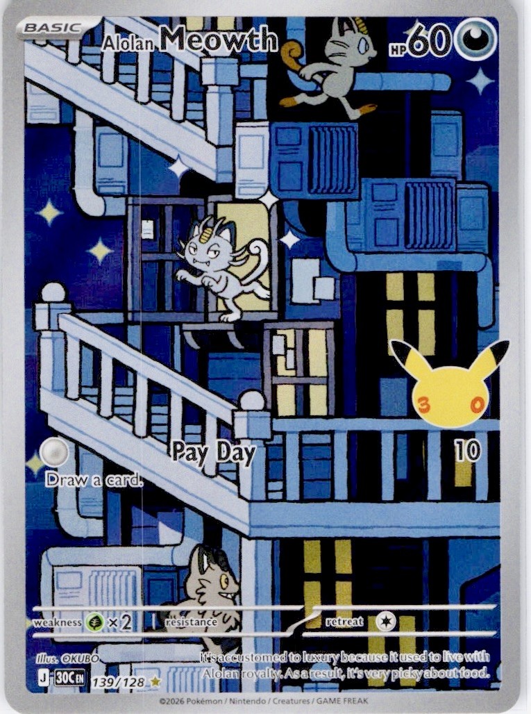 Alolan Meowth 139/128 Holo Illustration Rare 30th Celebration Pokemon NM Alolan Meowth 139/128 Holo Illustration Rare 30th Celebration Pokemon NM
