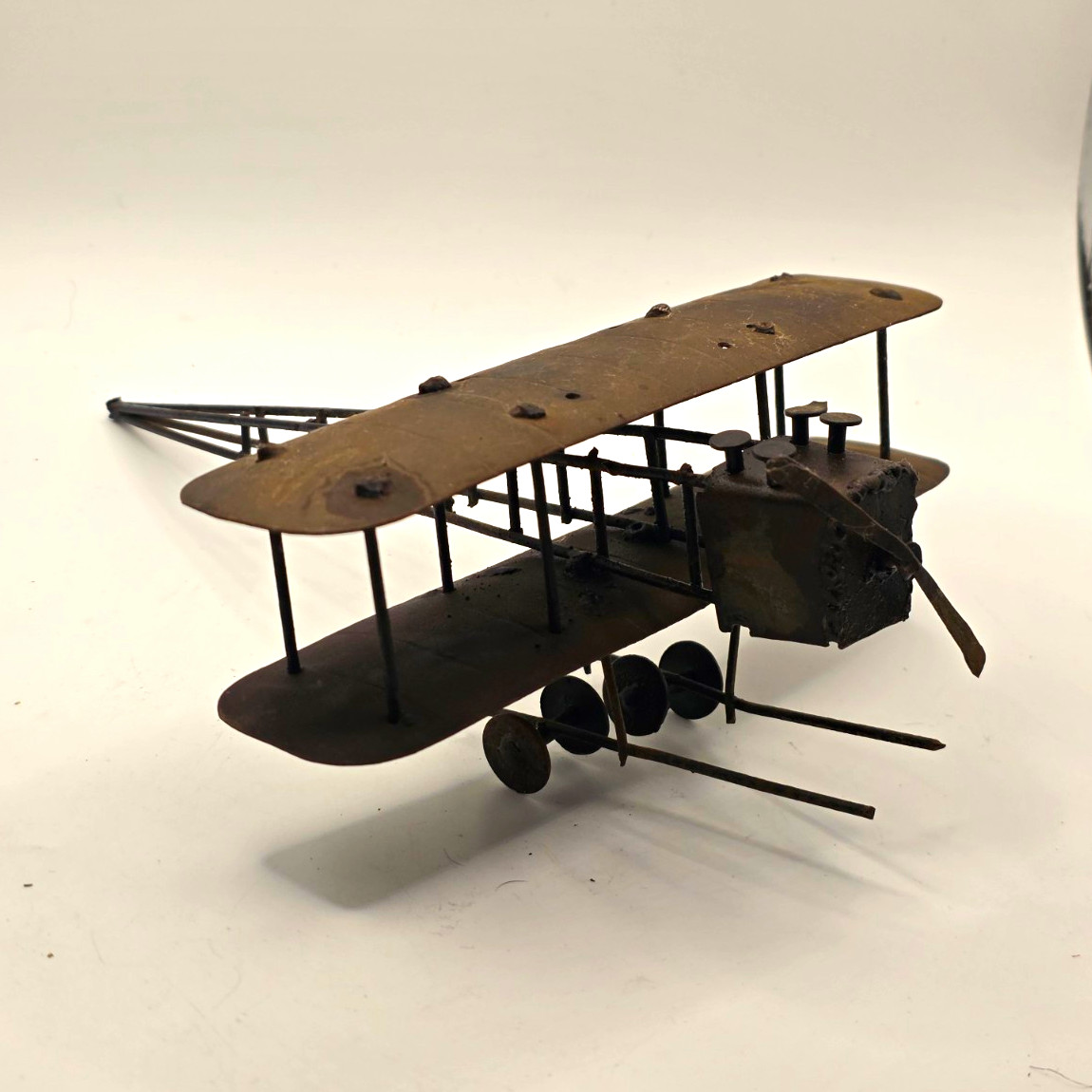 Antique Early 1900s WWI Wright Flyer Style Wrought Iron & Copper Biplane Model
