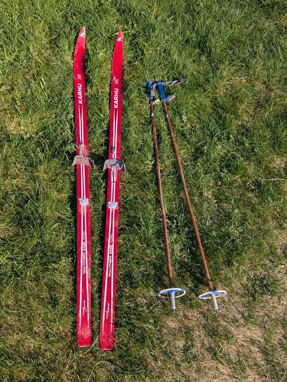 Vintage Wooden Long Skis KARHU Sport Red & White & Bamboo Poles Finland 65\