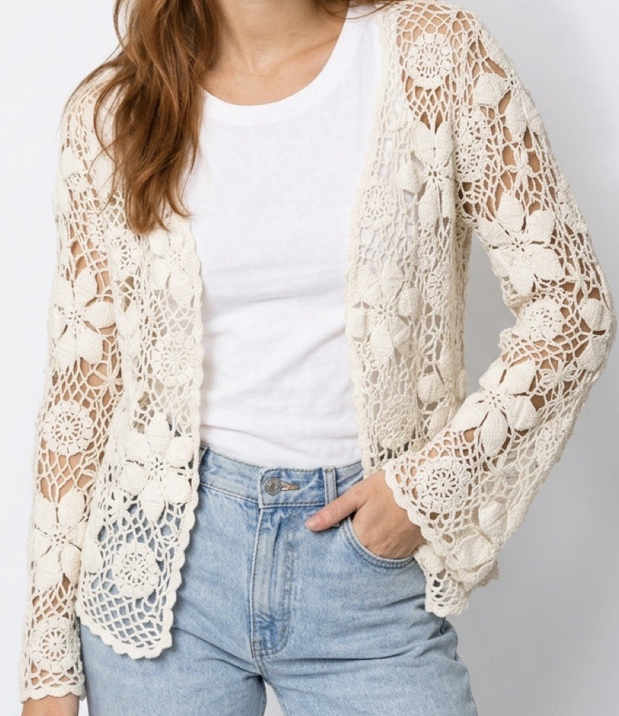 Vintage Chadwick’s Crochet Cardigan Womens L Ivory Ramie Cotton Floral Open Knit