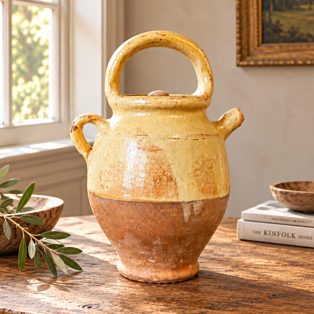 Antique French Provincial Gargoulette, Yellow-Glazed Terracotta, 19th c.
