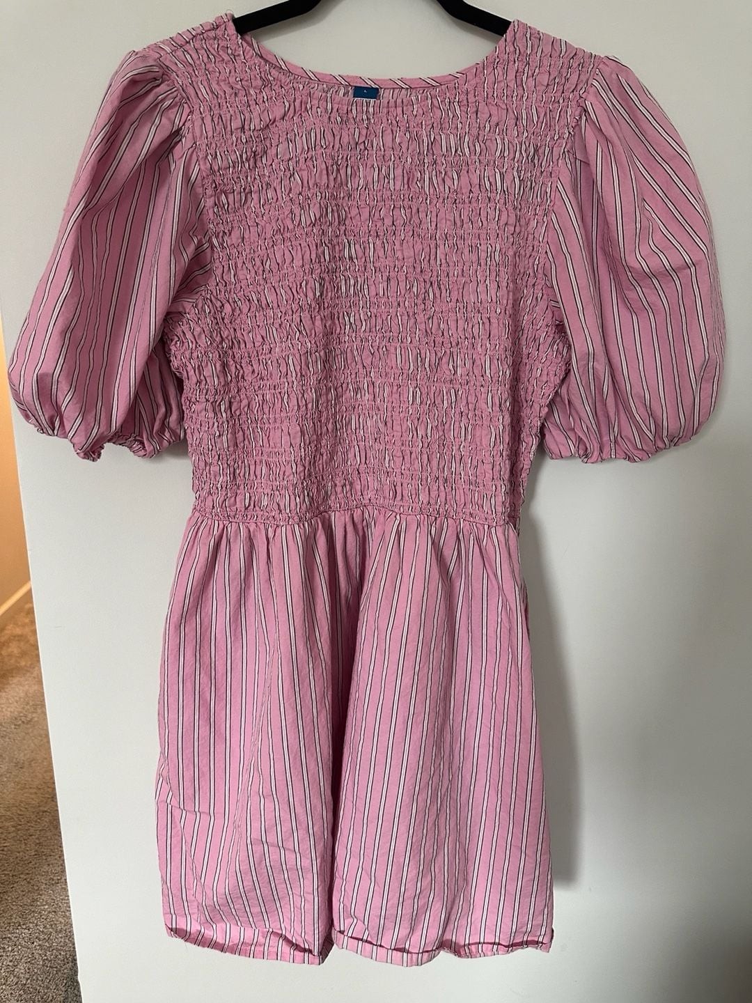 Old Navy Smocked Puff-Sleeve Flare Mini Dress Pink Striped Size L
