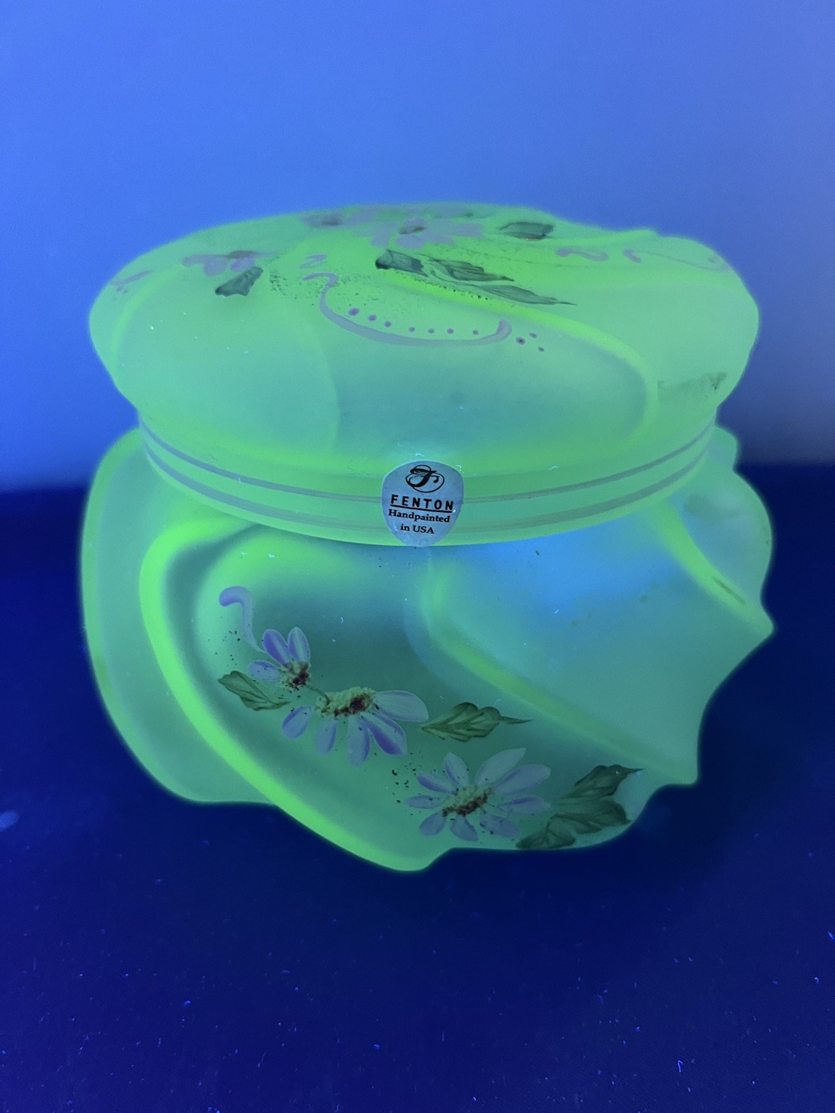 Uranium-Vaseline Dresser Jar Fenton With Lid Hand Painted Signed Beautiful