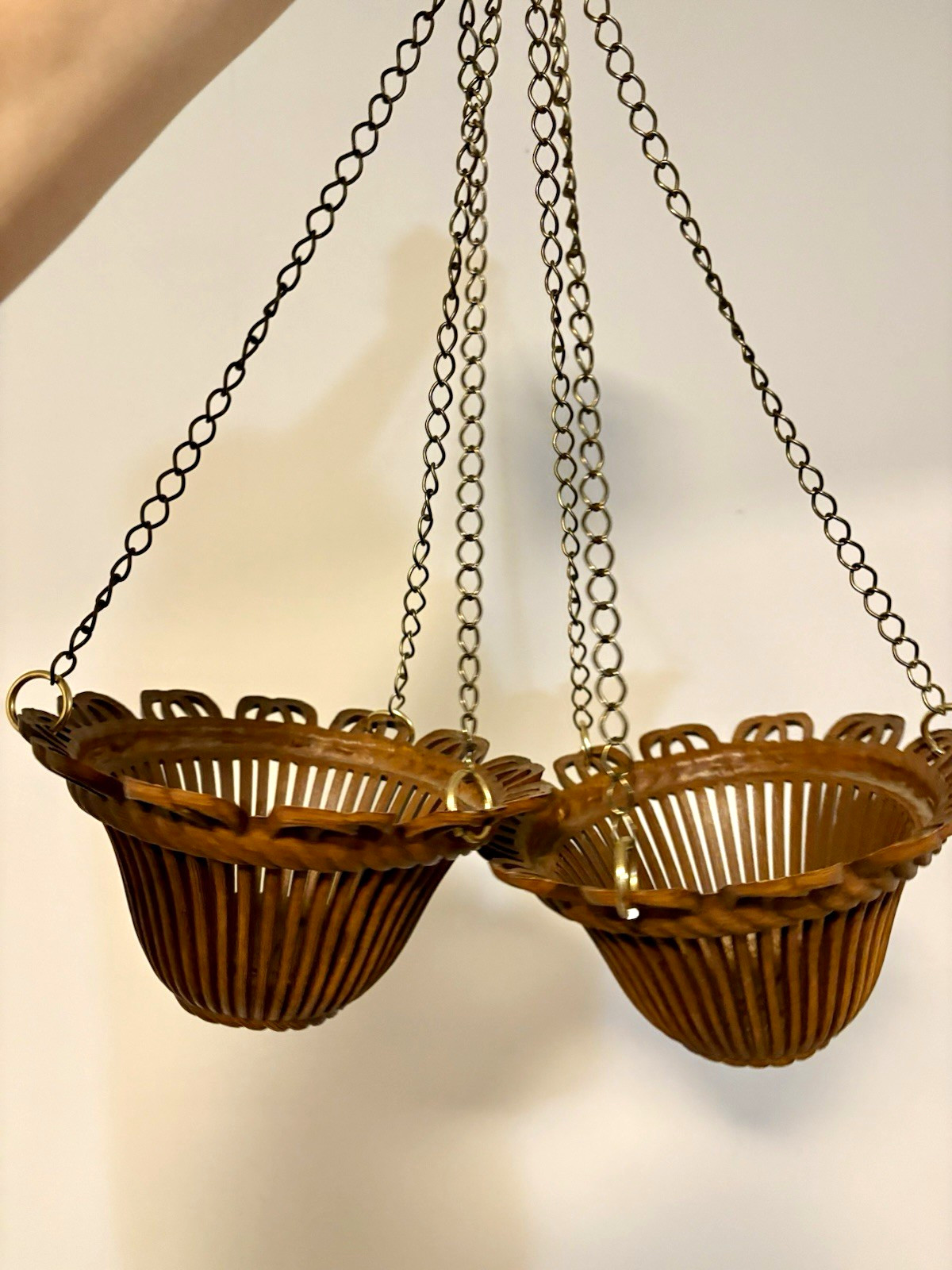 Vintage Burwood Products Faux Wood Hanging Planters with Scalloped Rim Vintage Burwood Products Faux Wood Hanging Planters with Scalloped Rim