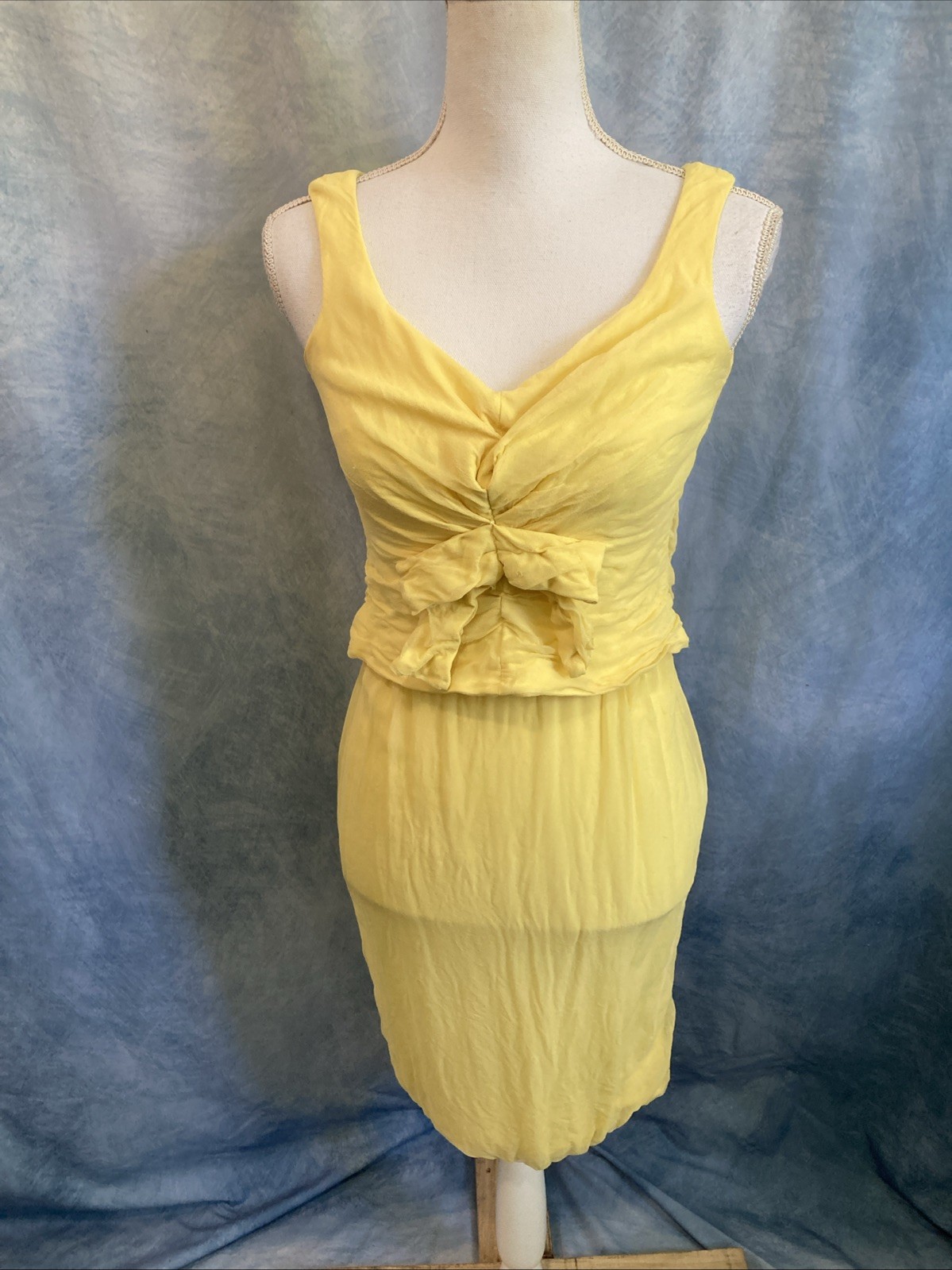 VTG 50s Davidsons Yellow Sheer Chiffon Crepe Wiggle Bow Blouson Dress XXS TINY