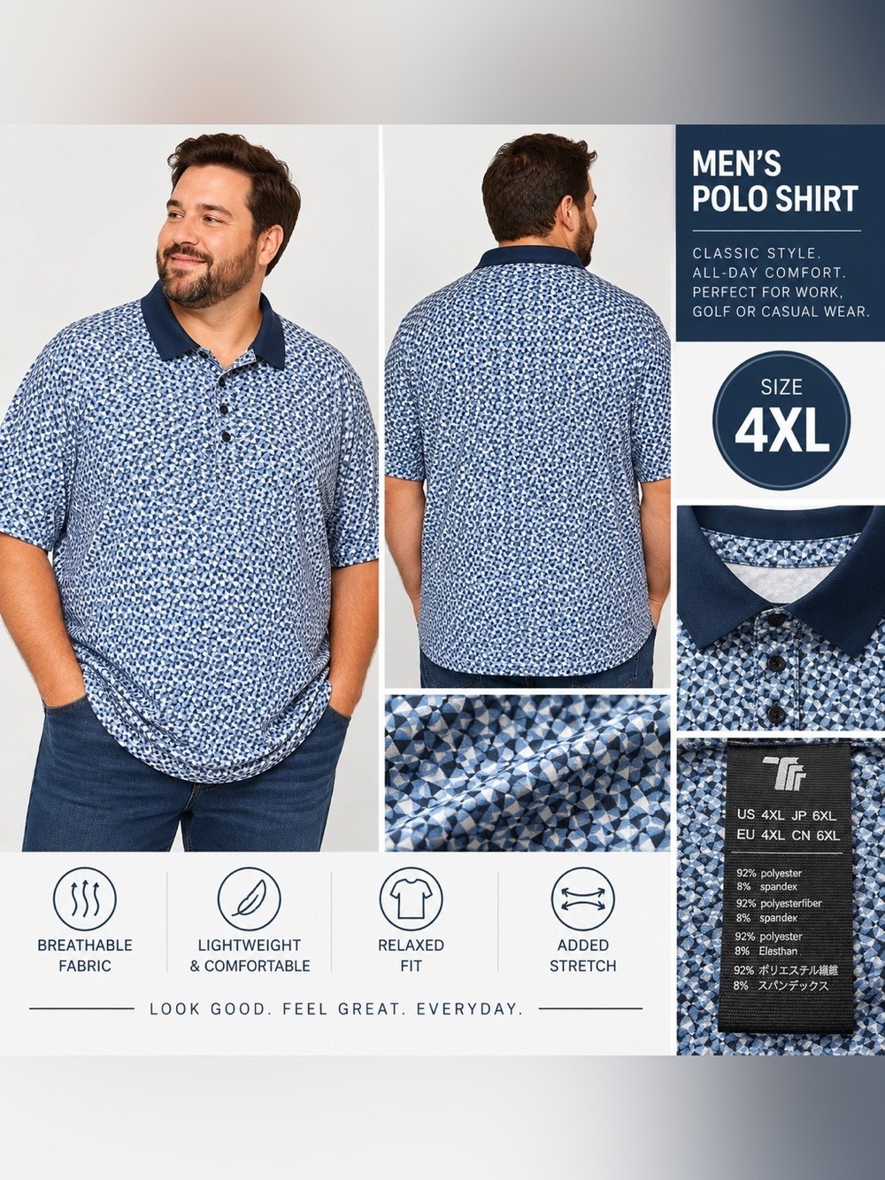Men\'s Blue Patterned Polo Shirt - Relaxed Fit Men\'s Blue Patterned Polo Shirt - Relaxed Fit