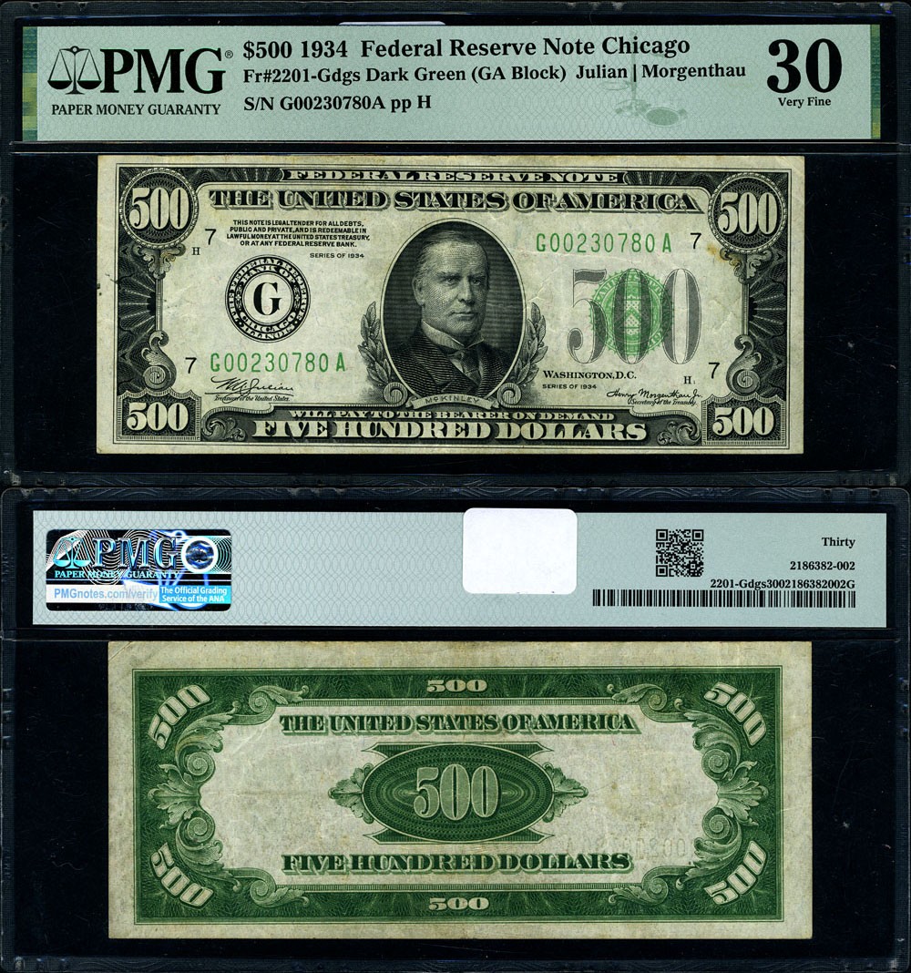 FR. 2201 G $500 1934 Federal Reserve Note Chicago G-A Block DGS PMG VF30