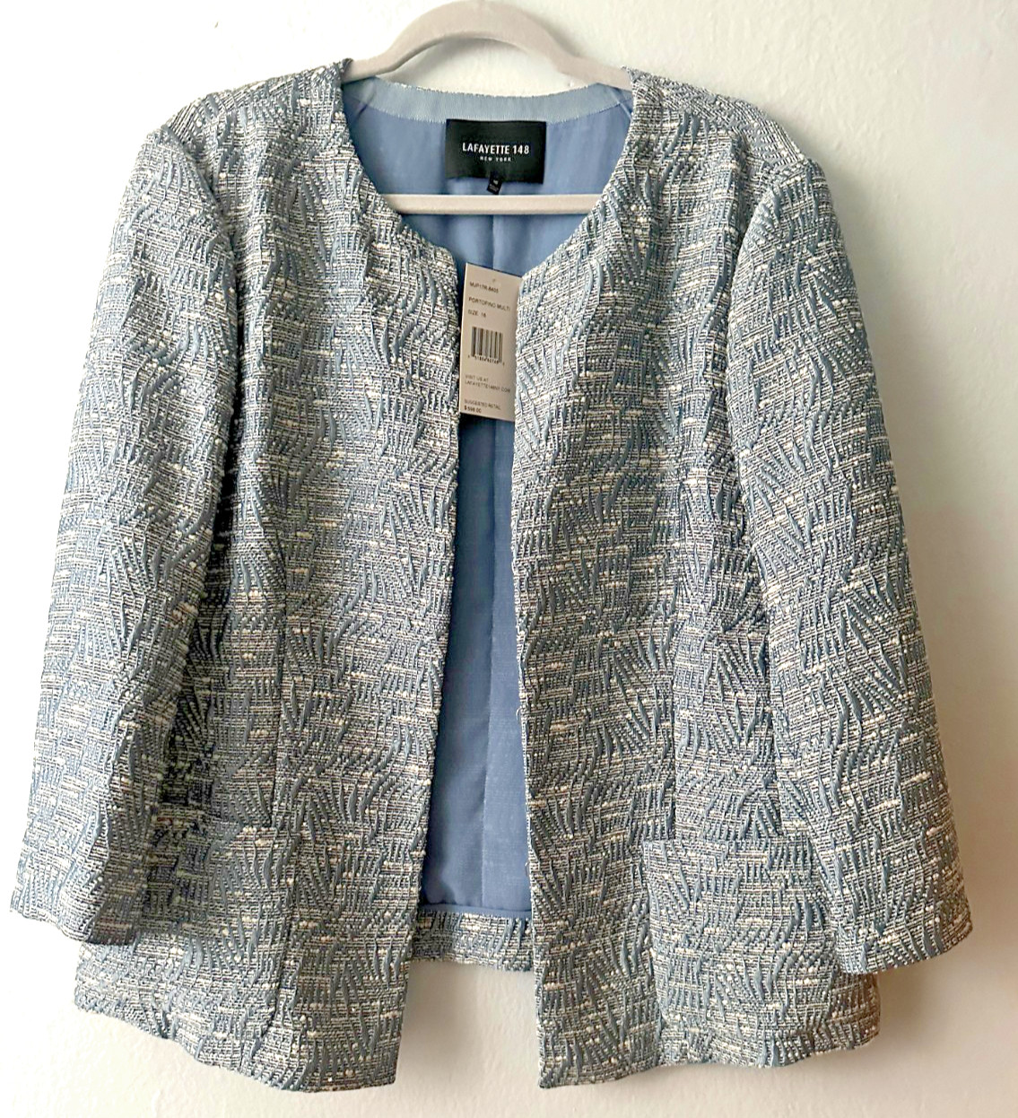 NWT Lafayette 148 NEW YORK Collarless Hidden Closure Blazer Multi Blue/Gray S16 NWT Lafayette 148 NEW YORK Collarless Hidden Closure Blazer Multi Blue/Gray S16