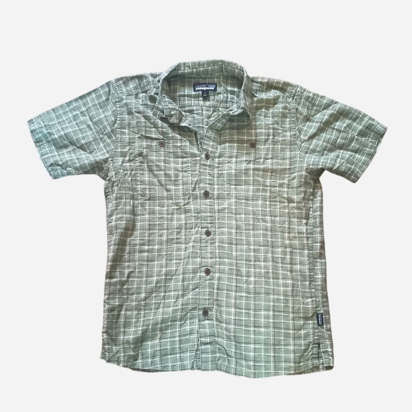 Patagonia Men\'s Back Step Short Sleeve Plaid Shirt Sage Green S 