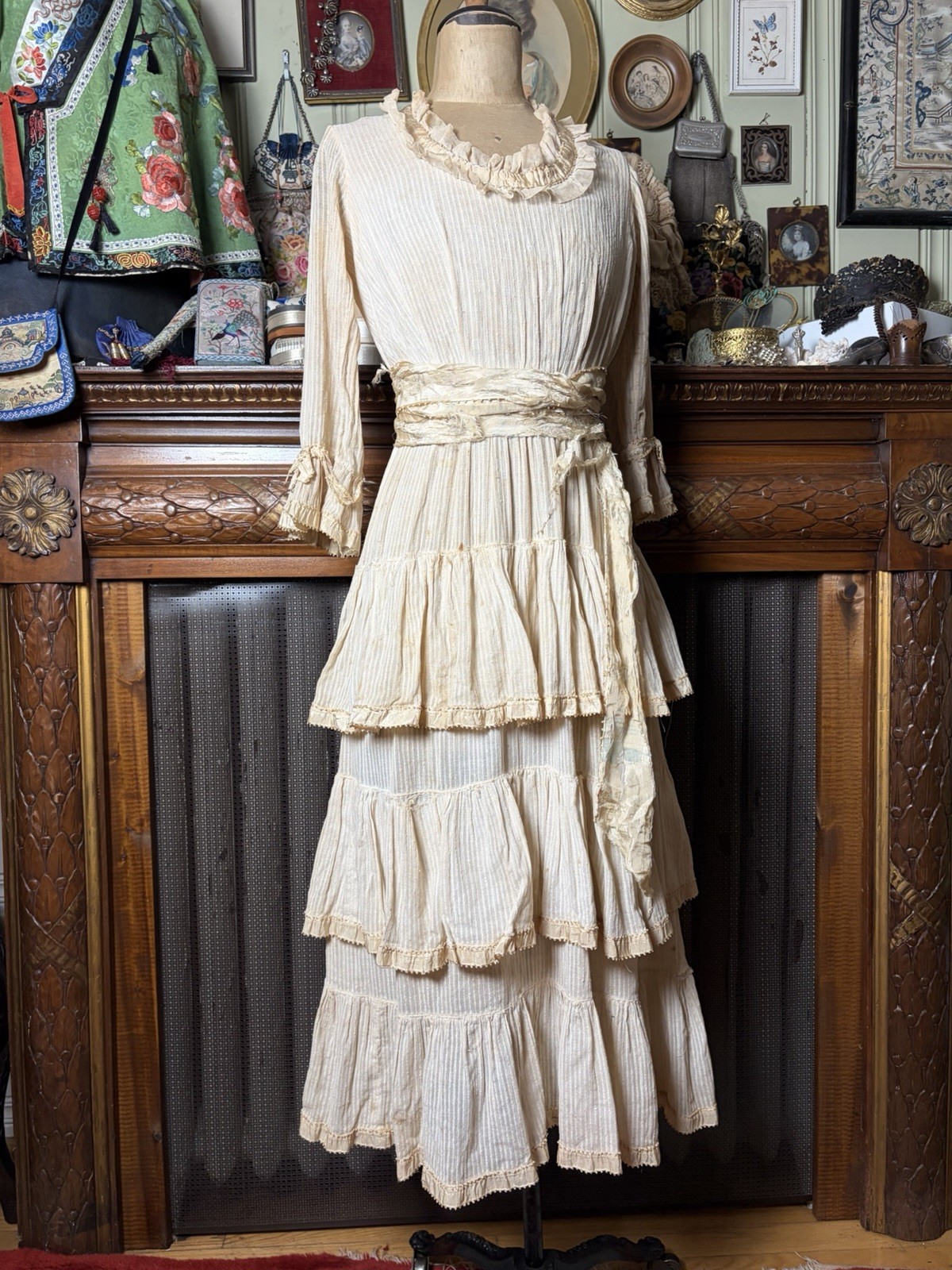 Antique 1910s Tiered Skirt Cotton Dress As Is