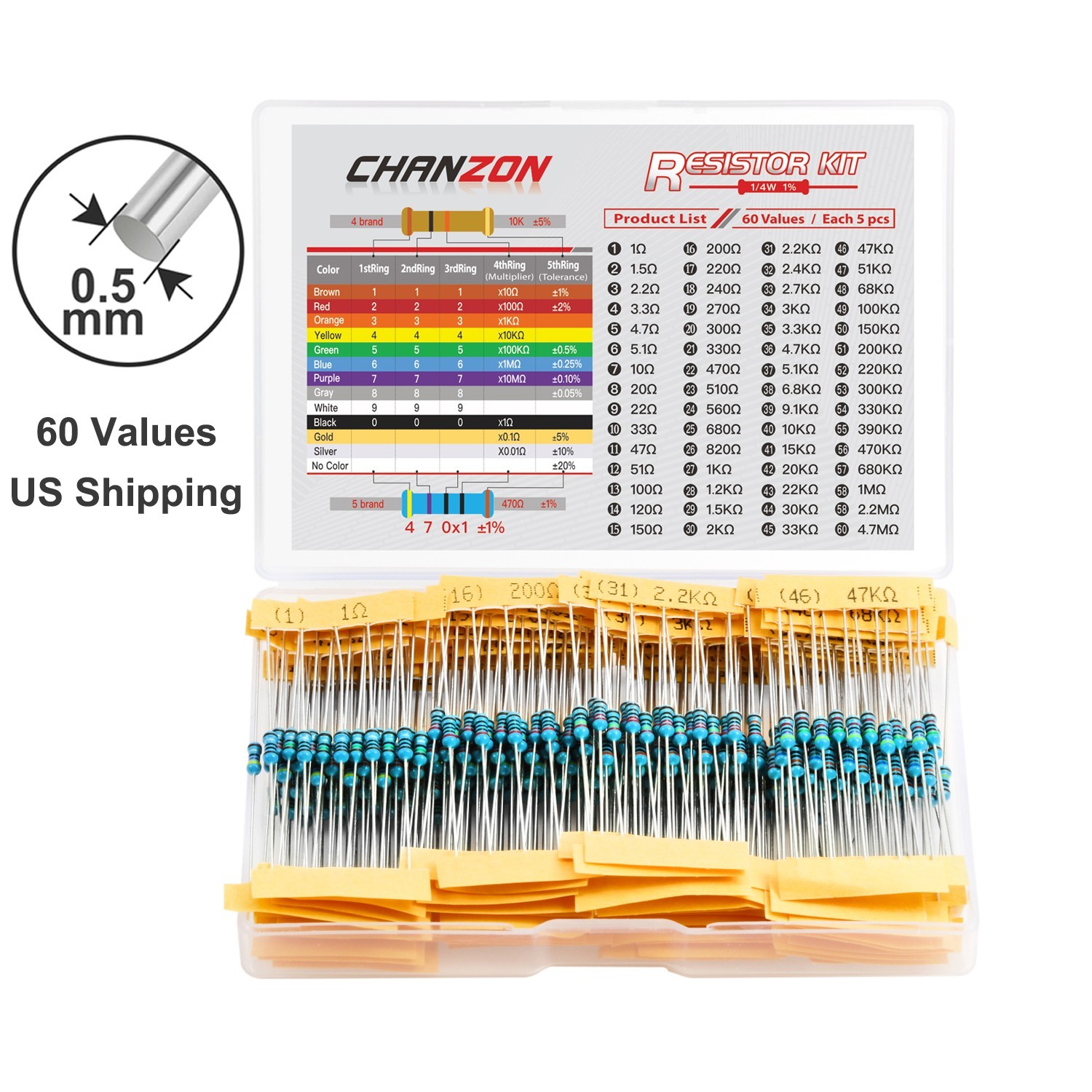 60 Values 1/4W Metal Film Fixed Resistor Kit 1R-4.7M ohm Through Hole Set 300pcs