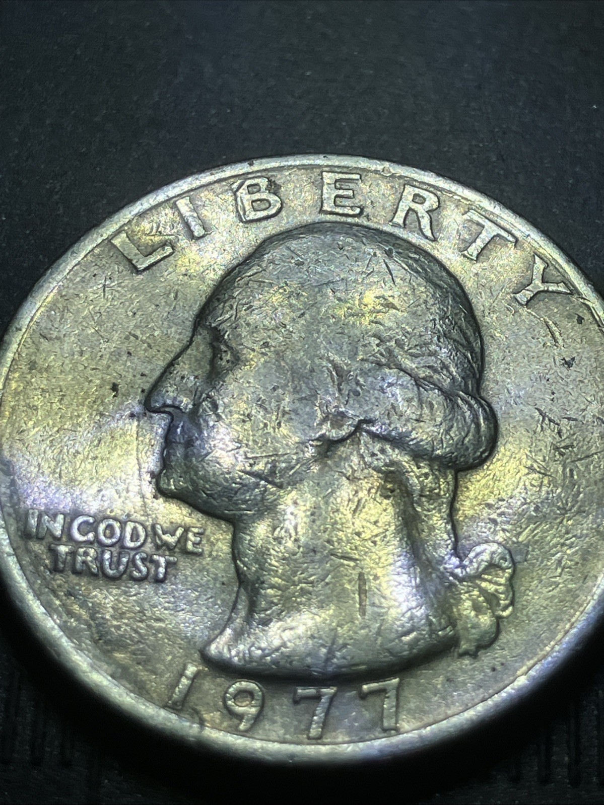1977 P  MISS Strike Obverse  Washington Quarter   Left  of  in and Trust   error