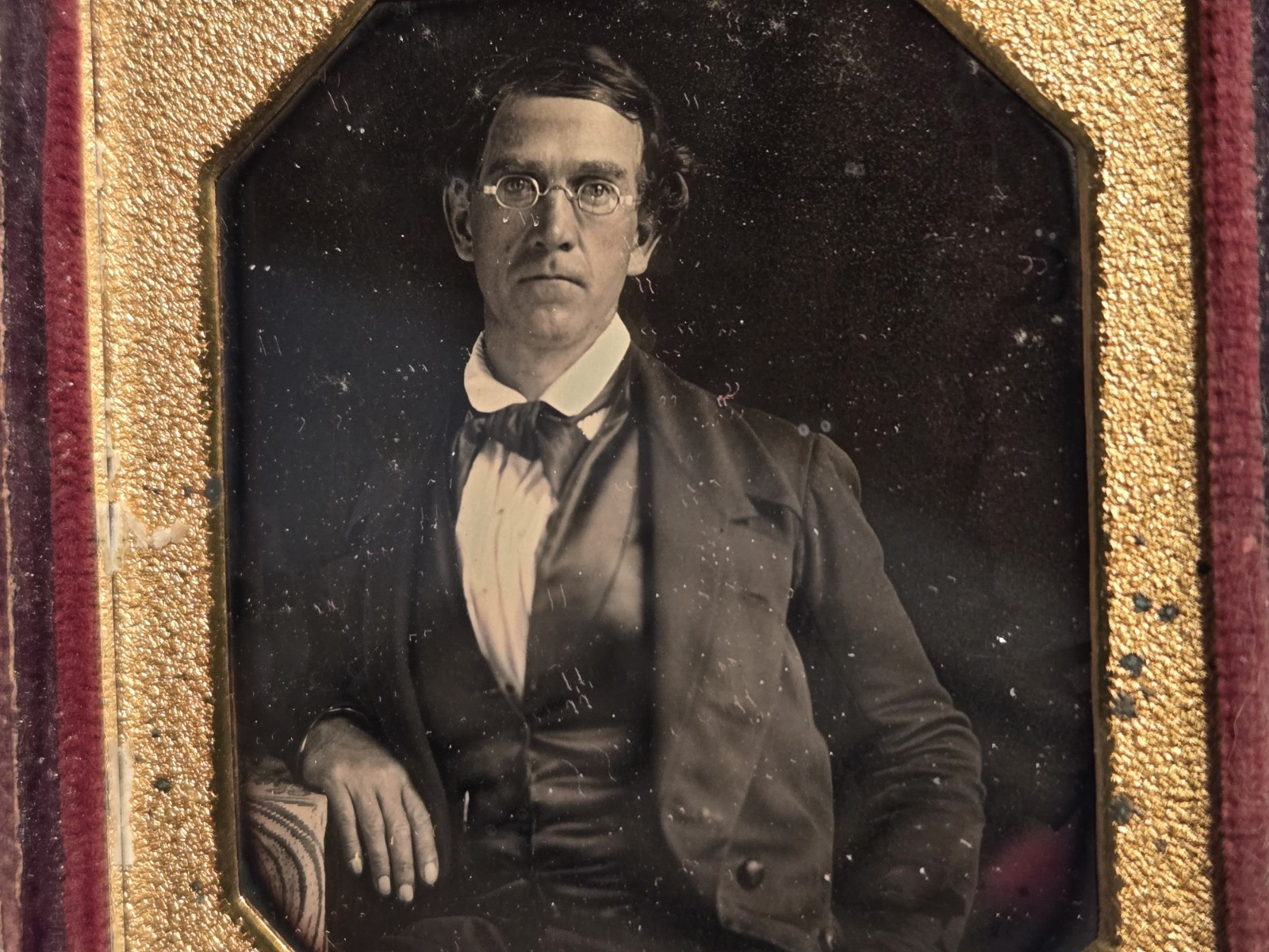 Sixth plate daguerreotype of man relaxed wearing glasses early image 1840s Sixth plate daguerreotype of man relaxed wearing glasses early image 1840s