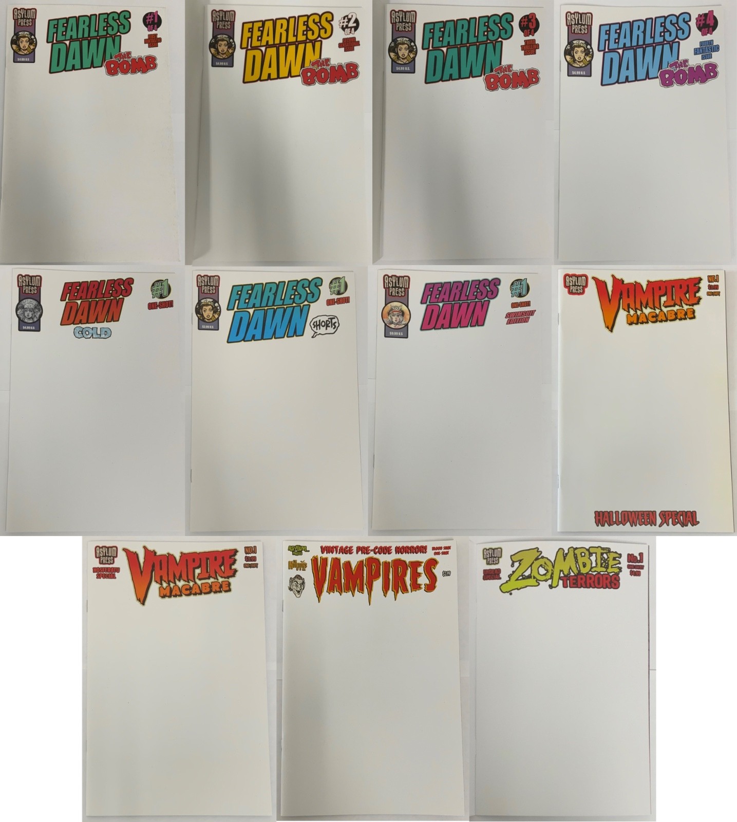Lot of 11 Asylum Press Blank Variant Comics Fearless Dawn Zombie Terrors Vampire