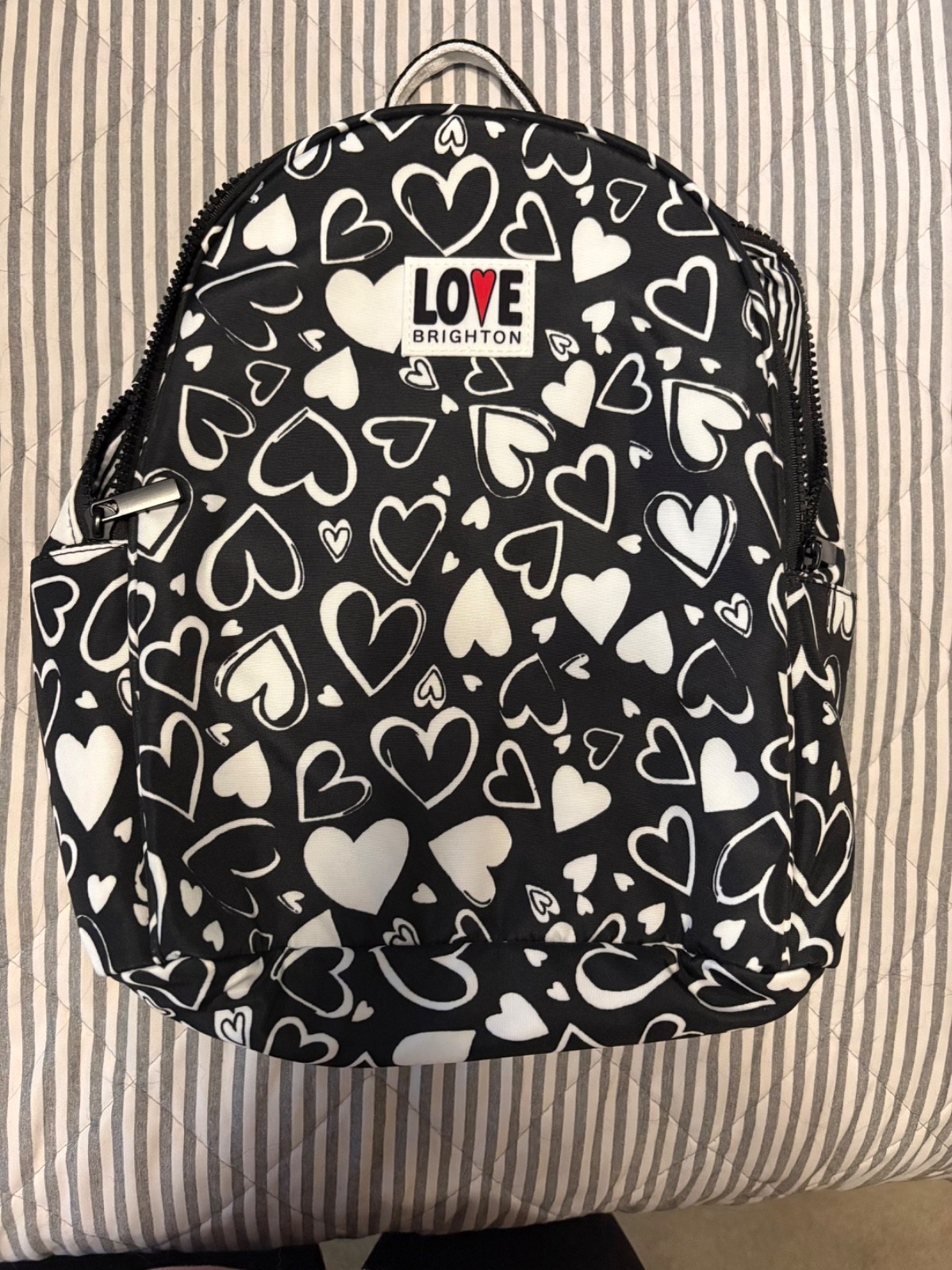 Brighton Black White Hearts Print Zip Backpack Adjustable Strap Top Handle