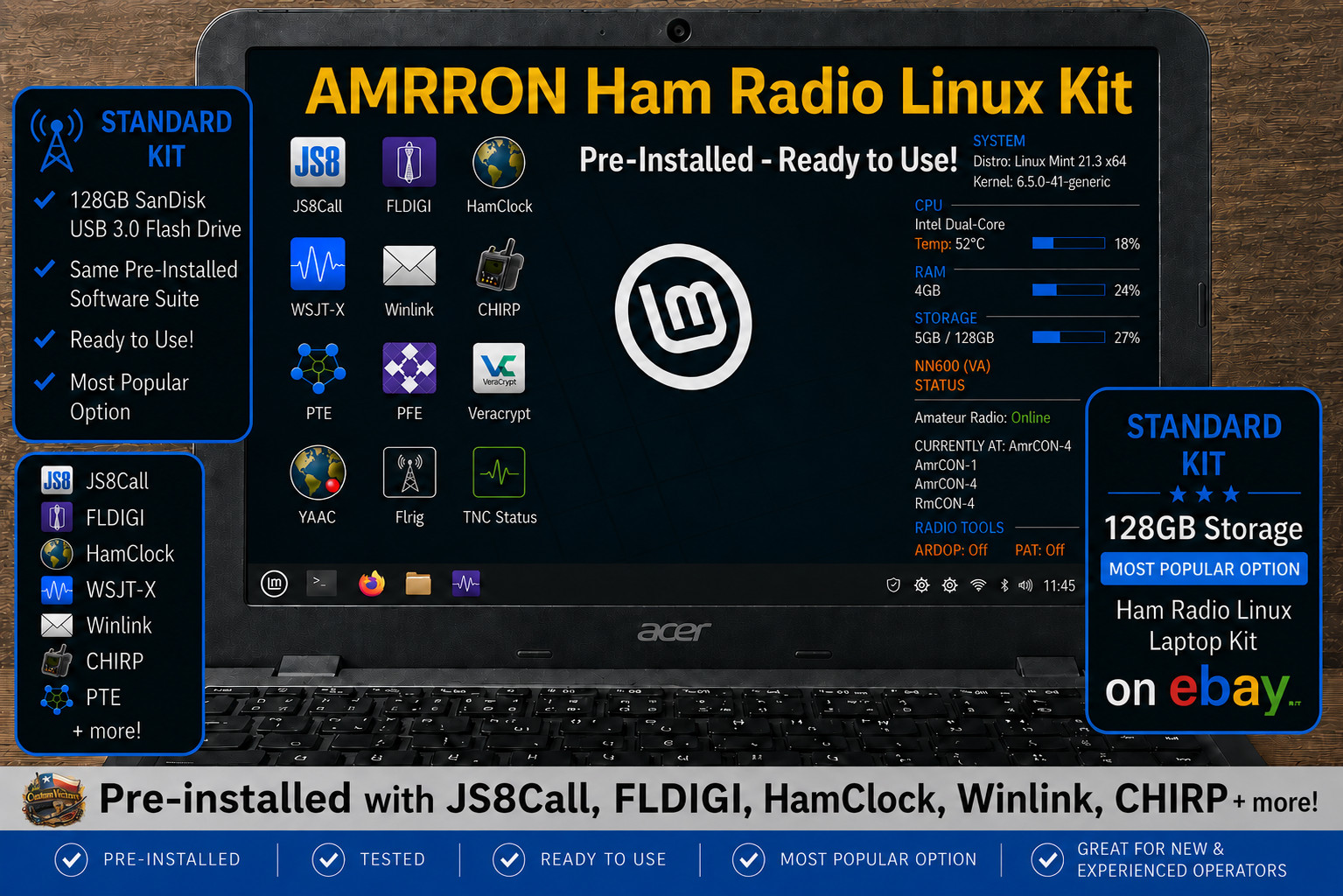LINUX Ham Radio Laptop Kit 128GB HamClock Digital Modes JS8Call FLDIGI SDR