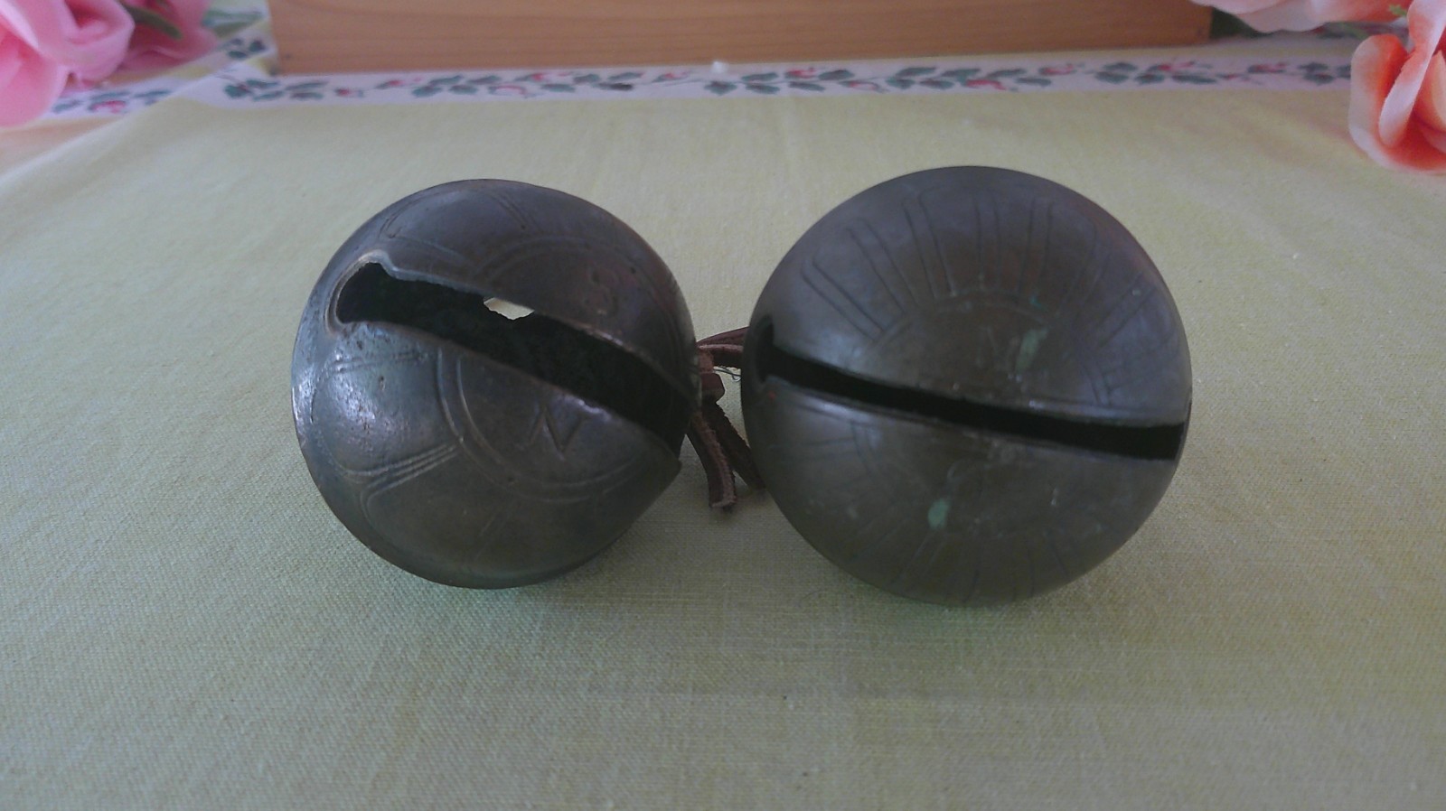 Pair Antique N&S Petal Sleigh Bells Brass Horse Harness Bells #5 & #6