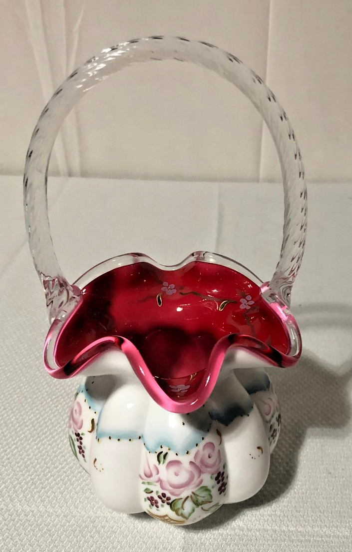 Vintage Fenton Connoisseur Collection Signed Peach Crest/Roses Glass Basket/#957