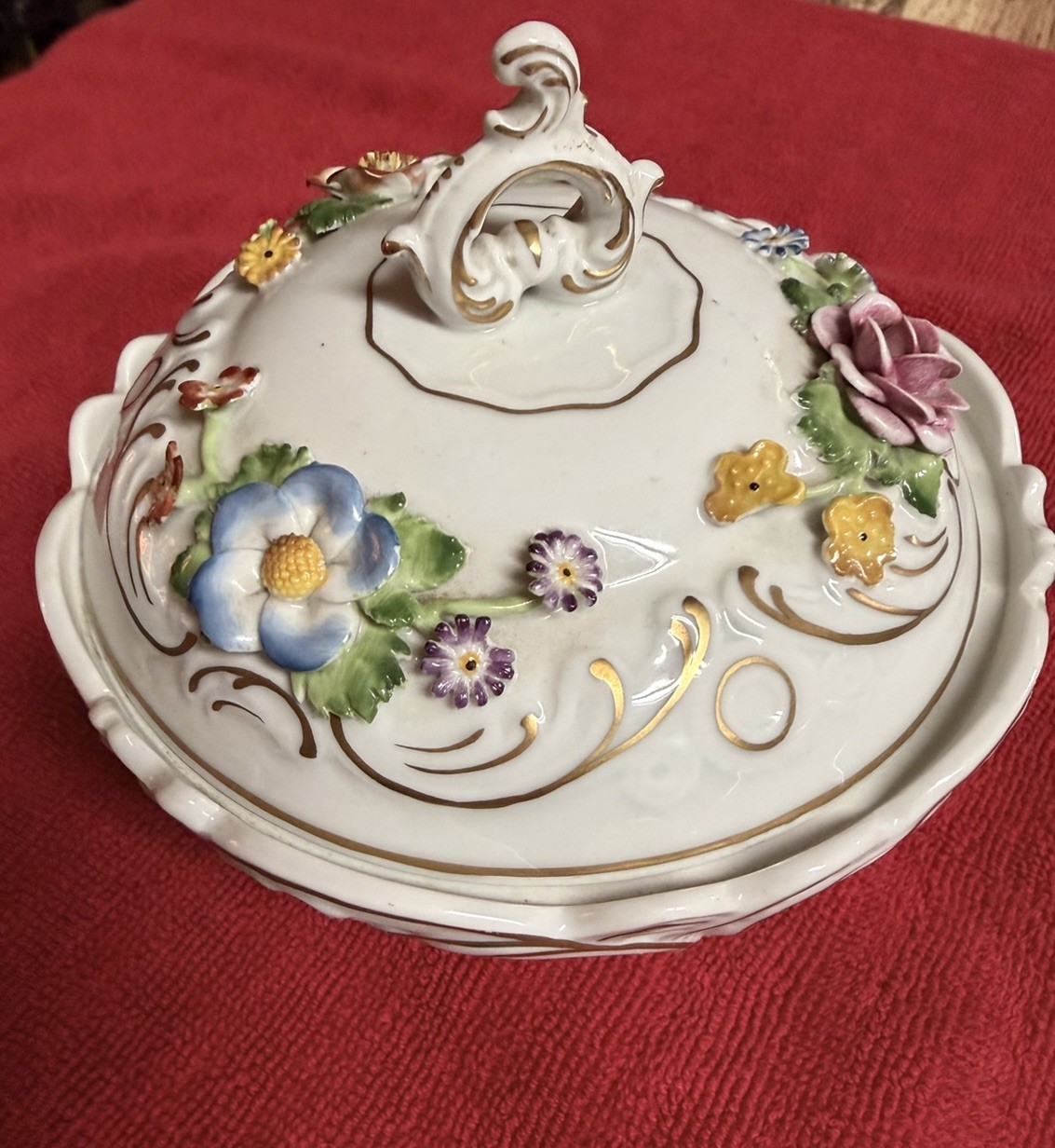 Vintage Von Schierholz Hand-Painted Porcelain Footed Bowl Applied Flowers Gold